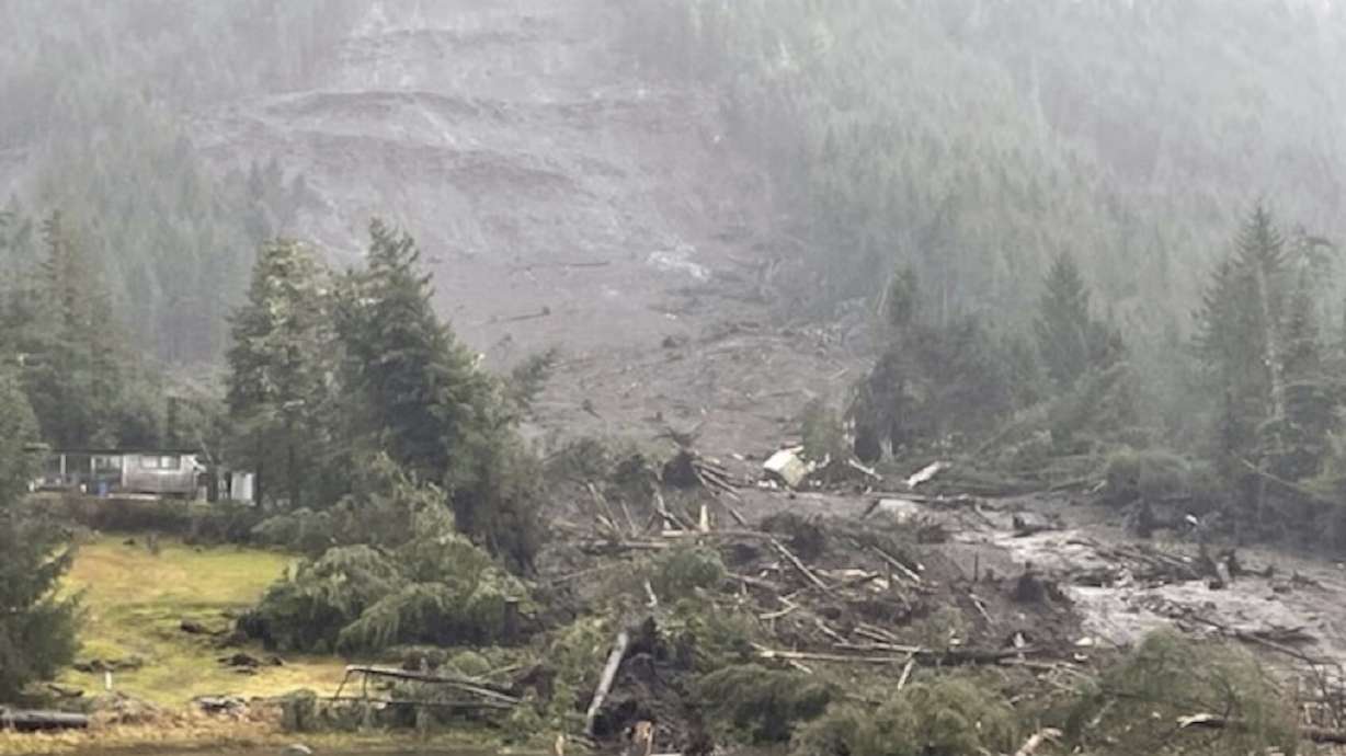 In this image provided by the U.S. Coast Guard is the aftermath of a landslide in Wrangell, Alaska, on Tuesday. Three people died, officials said.