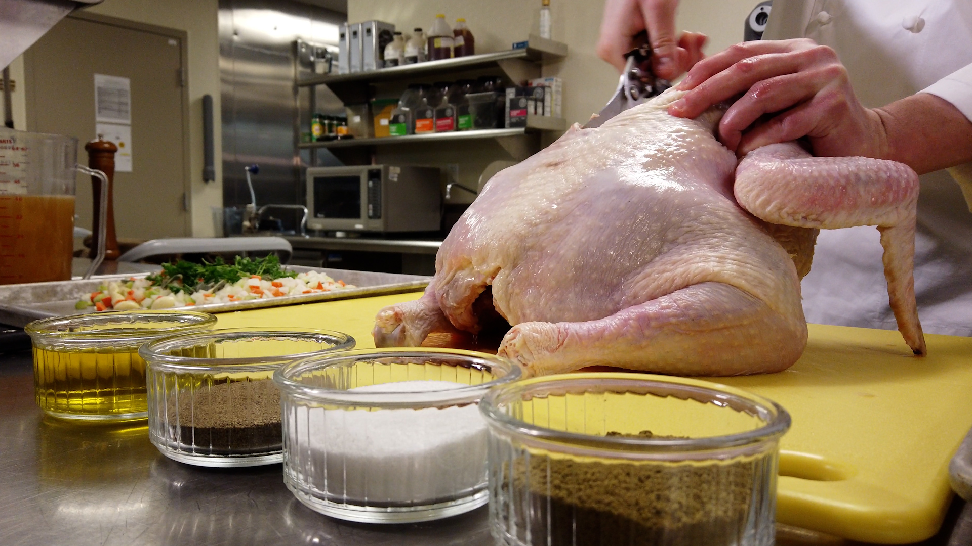 Chef Christopher Delissio has everything laid out before he starts working on his turkey.