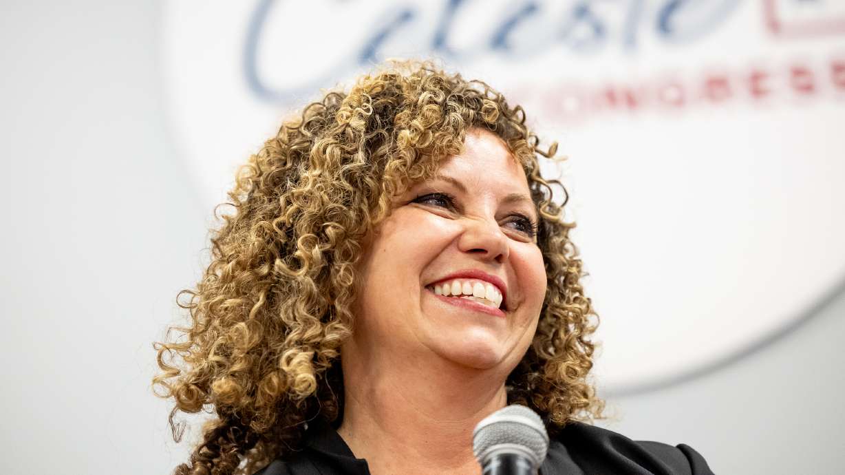 Celeste Maloy speaks to supporters at the Utah Trucking Association in West Valley City on Tuesday. The Associated Press declared Maloy the winner of Tuesday's special election for Utah's 2nd Congressional District seat, defeating Kathleen Riebe.