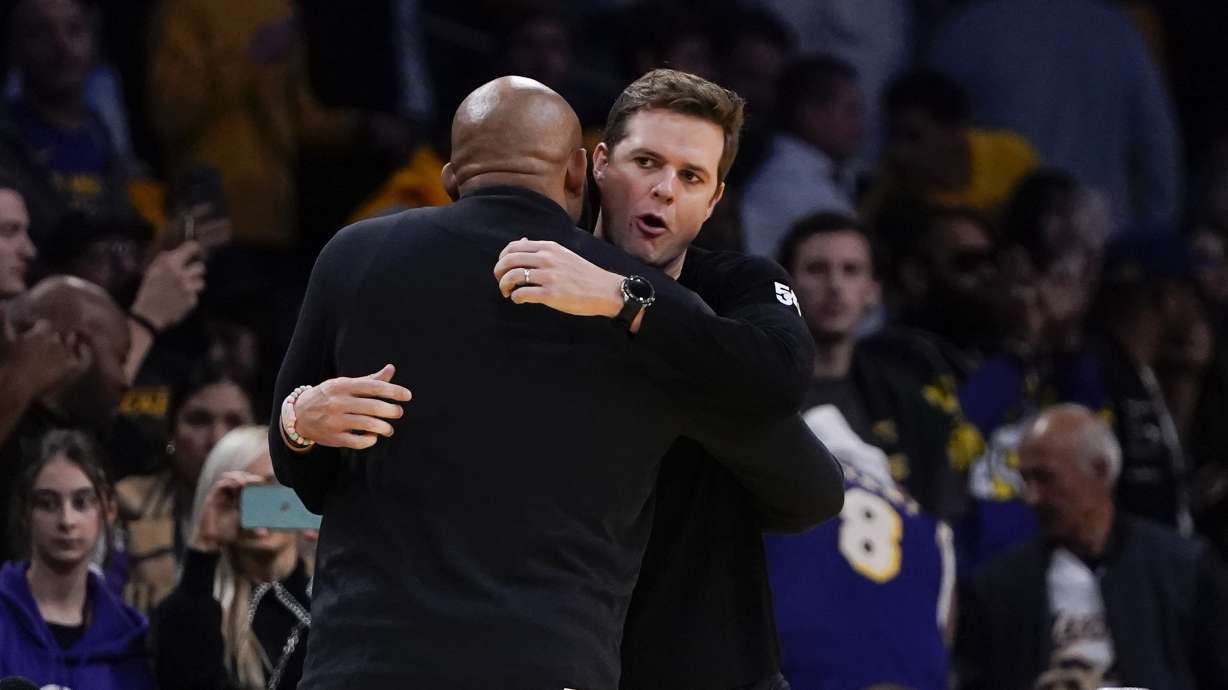 Utah Jazz coach Will Hardy, right, hugs Los Angeles Lakers coach Darvin Ham after an NBA basketball In-Season Tournament game Tuesday, Nov. 21, 2023, in Los Angeles.
