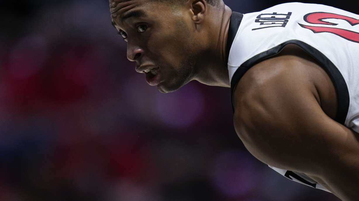 San Diego State forward Jaedon LeDee looks on during the first half of an NCAA college basketball game against Cal State Fullerton, Monday, Nov. 6, 2023, in San Diego.