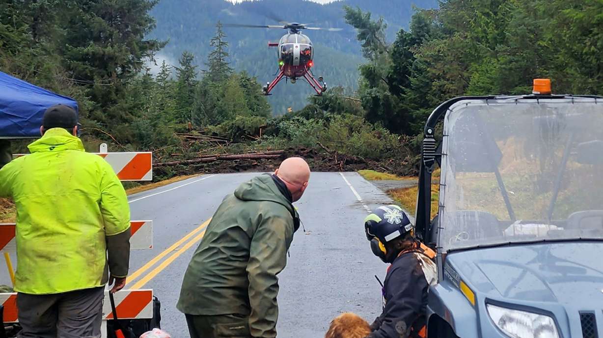 A helicopter arrives at the scene of a landslide in southern Alaska as search and rescue dogs and their handlers stand by on Wednesday.