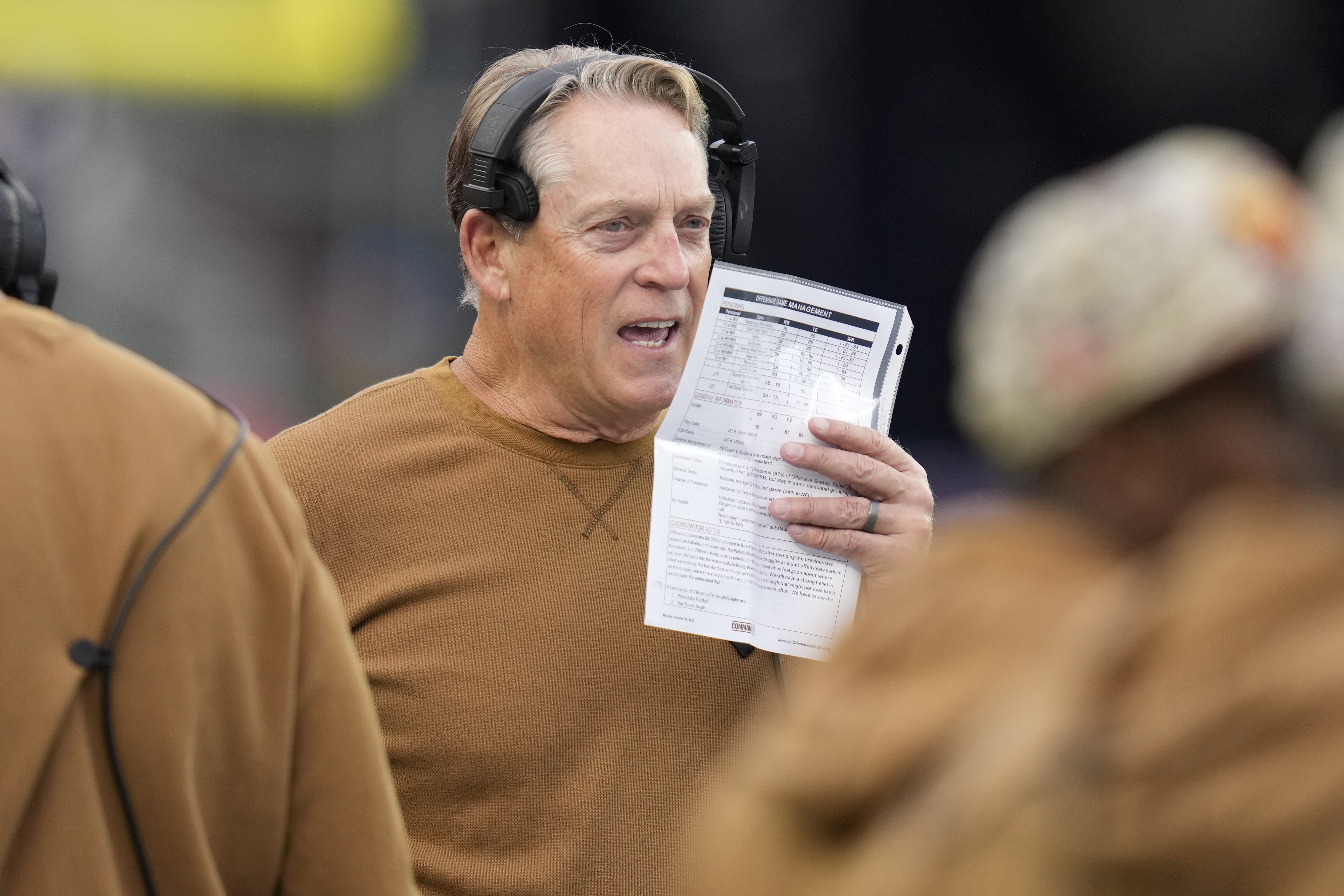 FILE - Washington Commanders defensive coordinator Jack Del Rio during an NFL football game, Sunday, Nov. 5, 2023, in Foxborough, Mass. The Washington Commanders have fired defensive coordinator Jack Del Rio and defensive backs coach Brent Vieselmeyer. Del Rio was 12 games into his fourth season with the team. The moves made Friday, Nov. 24, come after the Commanders lost 45-10 at Dallas on Thursday. 