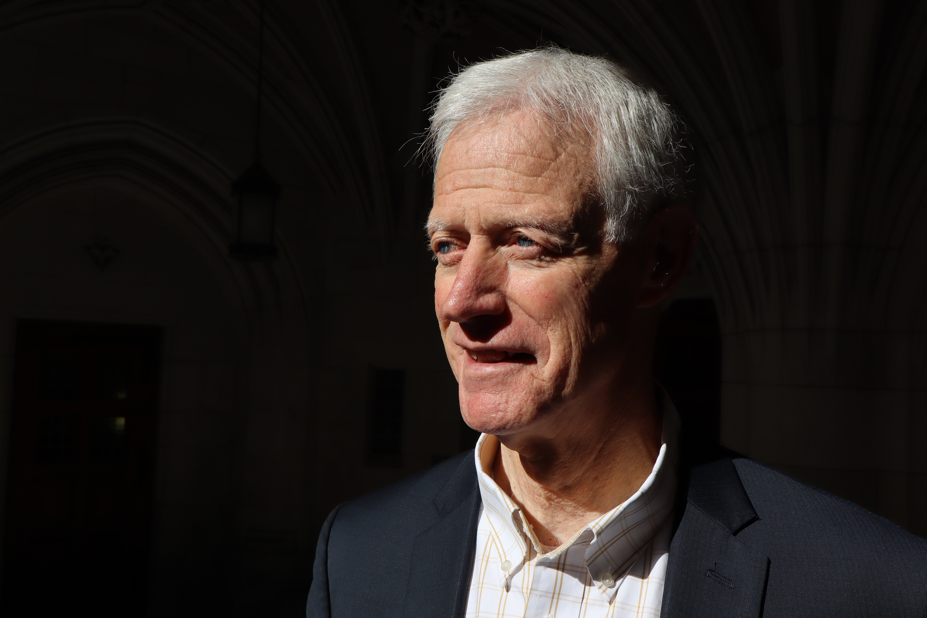 Kevin Worthen, the former president of Brigham Young University and current Doyle-Winter Distinguished Visiting Professor of Law at Yale, poses for a photo outside of Yale Law School in New Haven, Conn., on Oct. 24.
