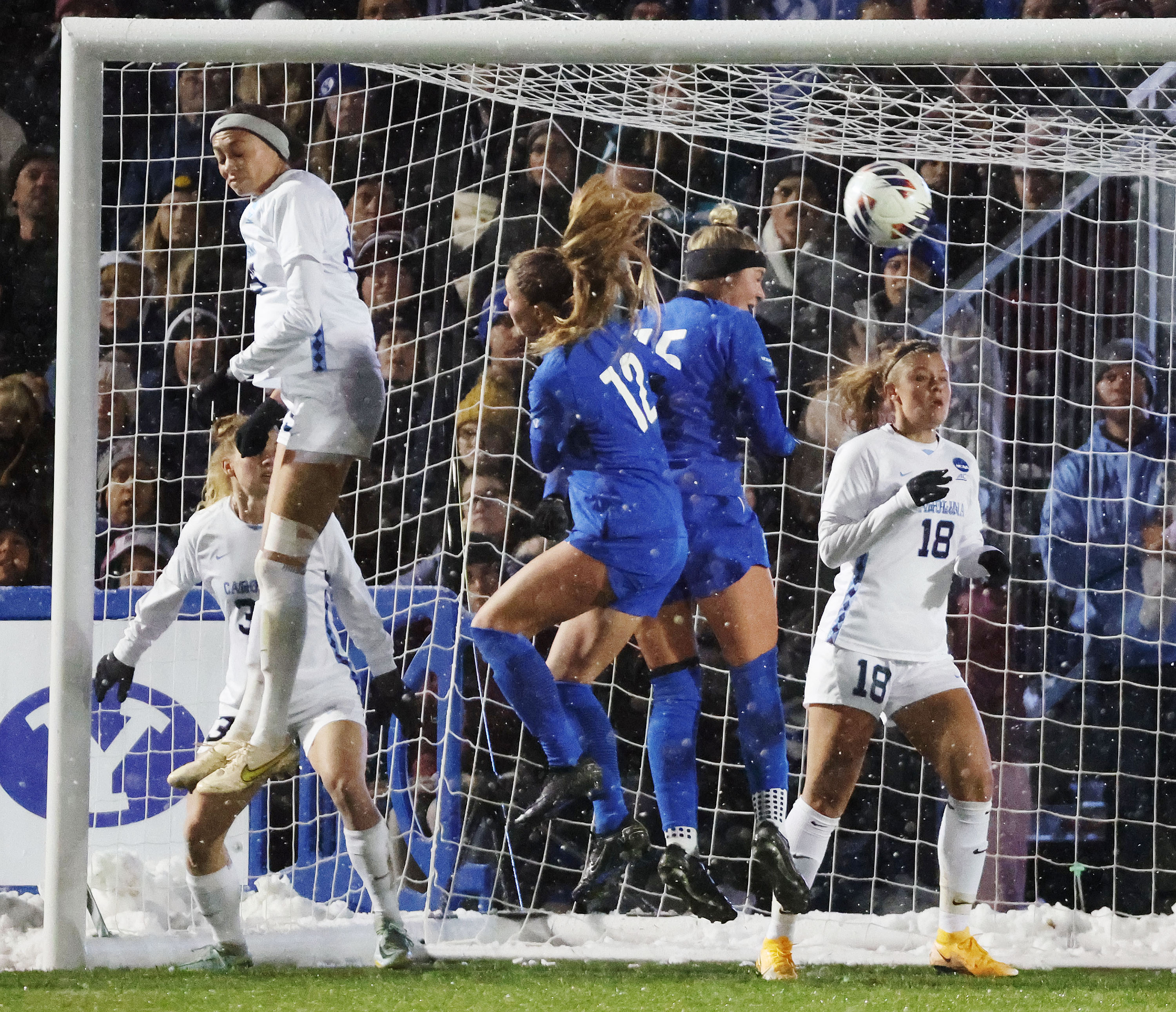 BYU and North Carolina compete during a corner kick during the NCAA tournament quarterfinals in Provo on Friday, Nov. 24, 2023.