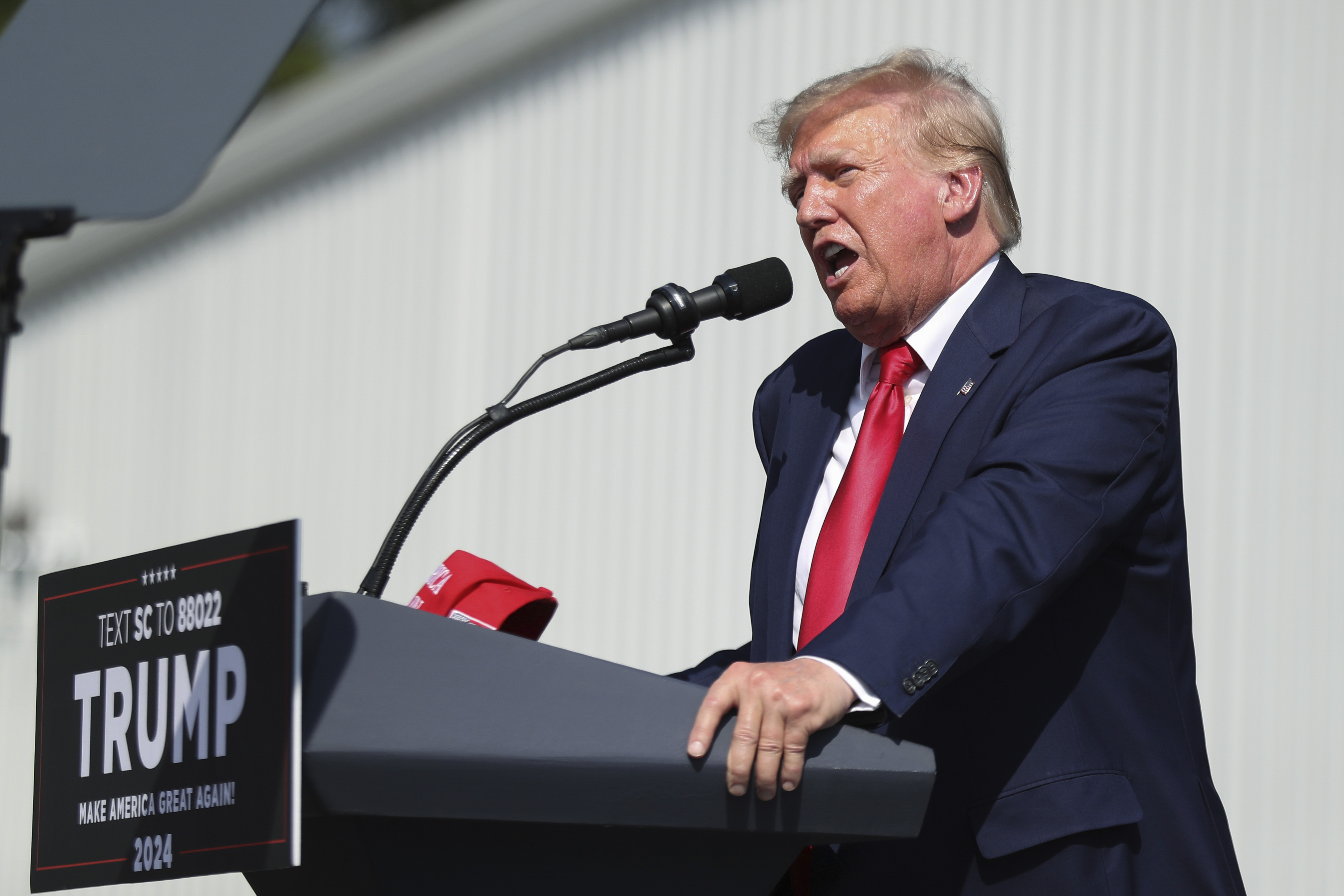 FILE - Former President Donald Trump speaks at a rally in Summerville, S.C., Monday, Sept. 25, 2023. Trump plans to use a college football rivalry weekend to bask among his supporters in South Carolina, while potentially upstaging his Republican opponent Nikki Haley on her home turf. The front-runner for the 2024 Republican nomination will be on hand Saturday as the University of South Carolina Gamecocks host the Tigers of Clemson University in the annual Palmetto Bowl. 