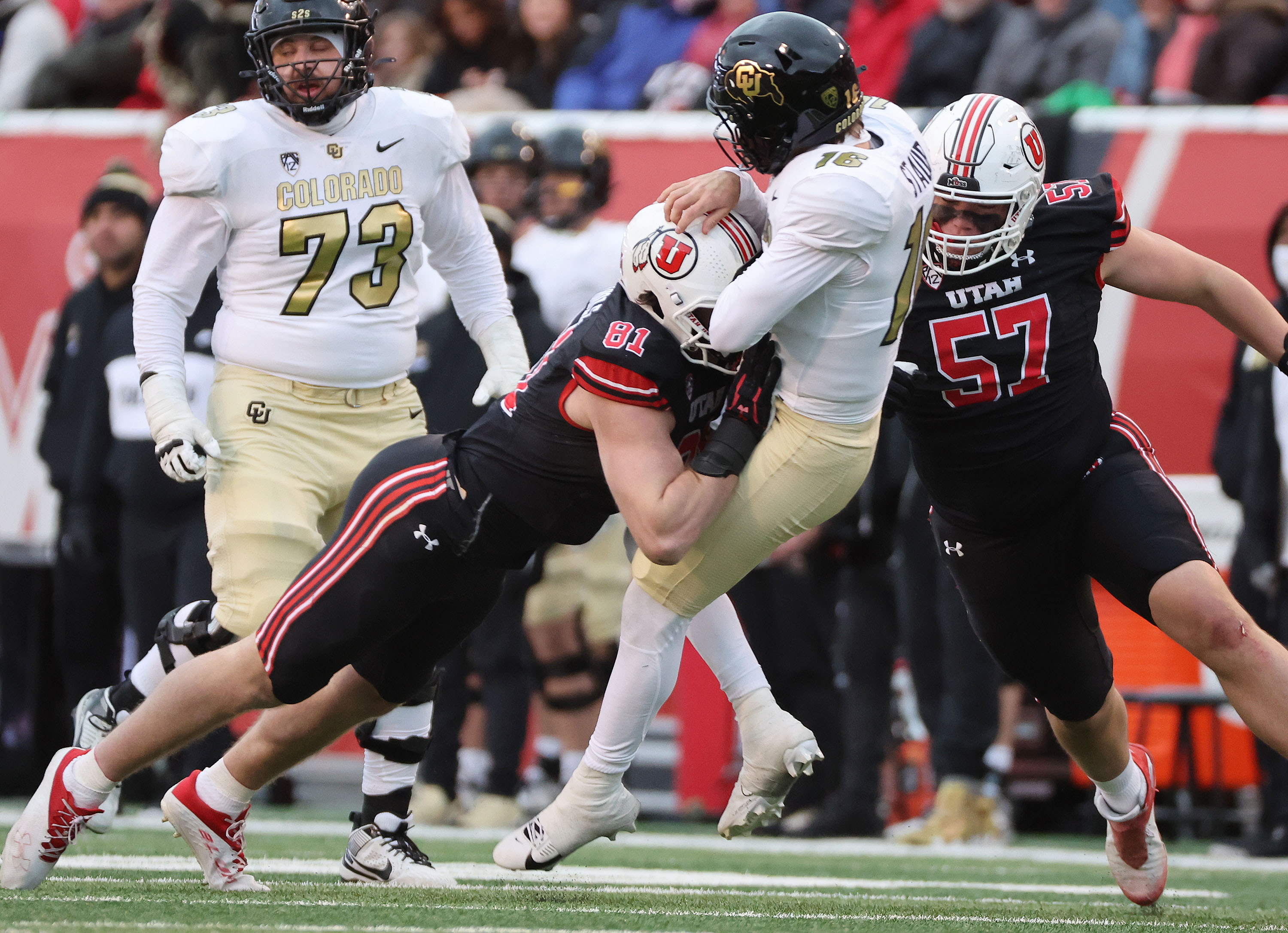 Utah Utes defensive end Connor O'Toole (81) and Utah Utes defensive tackle Keanu Tanuvasa (57) hurry Colorado Buffaloes quarterback Ryan Staub (16) in Salt Lake City on Saturday, Nov. 25, 2023. Utah won 23-17.