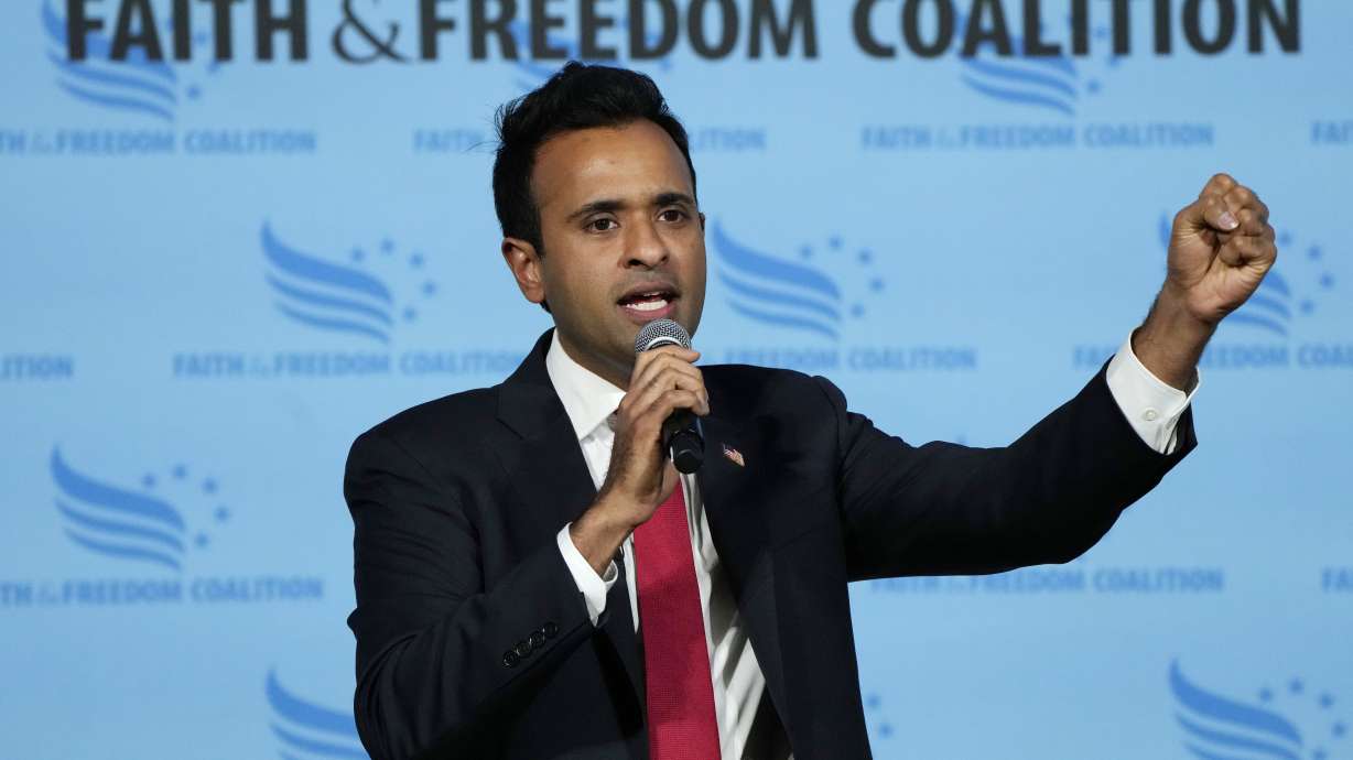Republican presidential candidate Vivek Ramaswamy speaks during the Iowa Faith and Freedom Coalition Spring Kick-Off on April 22, in Clive, Iowa.