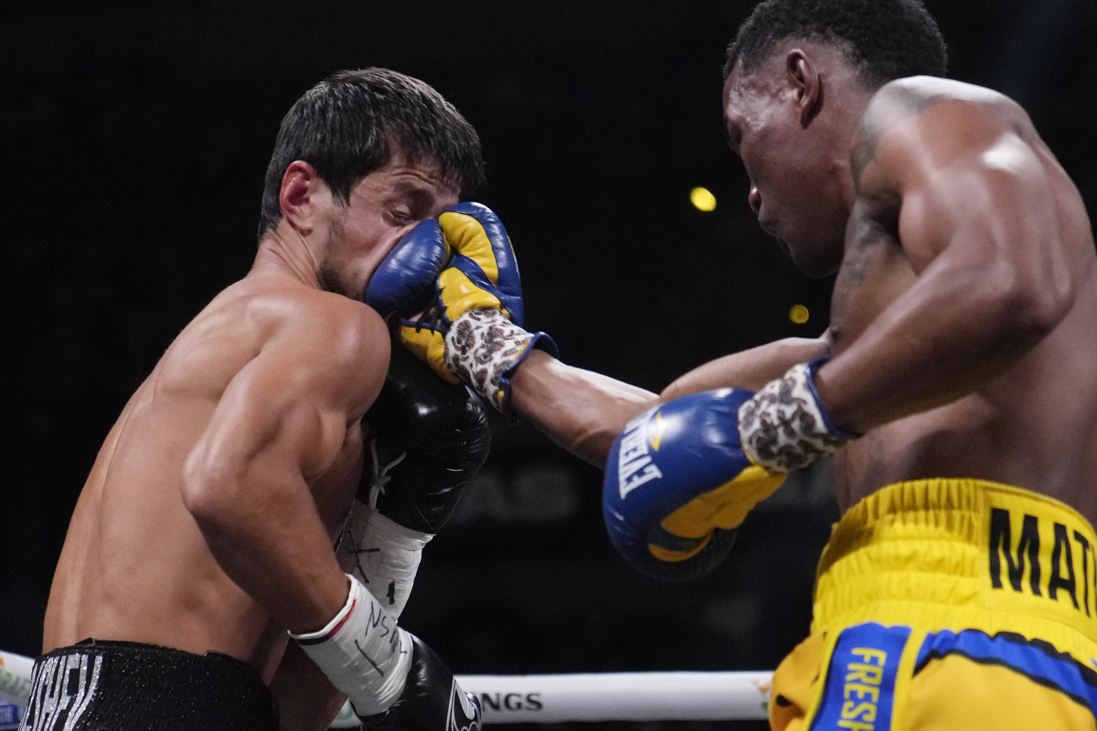 Subriel Matias lands a right to Shohjahon Ergashev in a junior welterweight championship boxing match Saturday, Nov. 25, 2023, in Las Vegas.