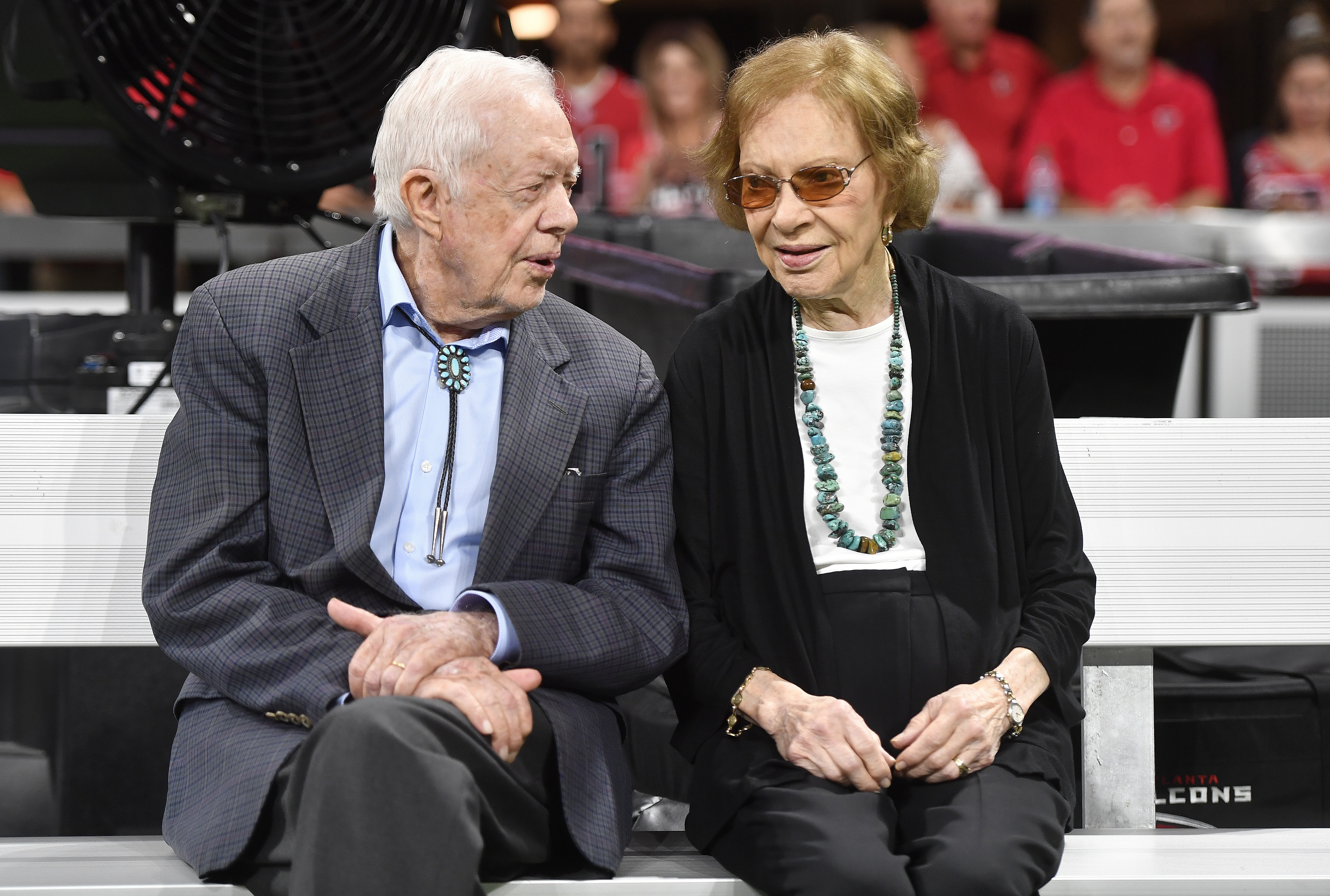 Former President Jimmy Carter and Rosalynn Carter at an NFL football game in Atlanta on Sept. 20, 2018. With the former first lady's death, he must adjust to life without the woman who he credits as his equal partner in everything he accomplished.