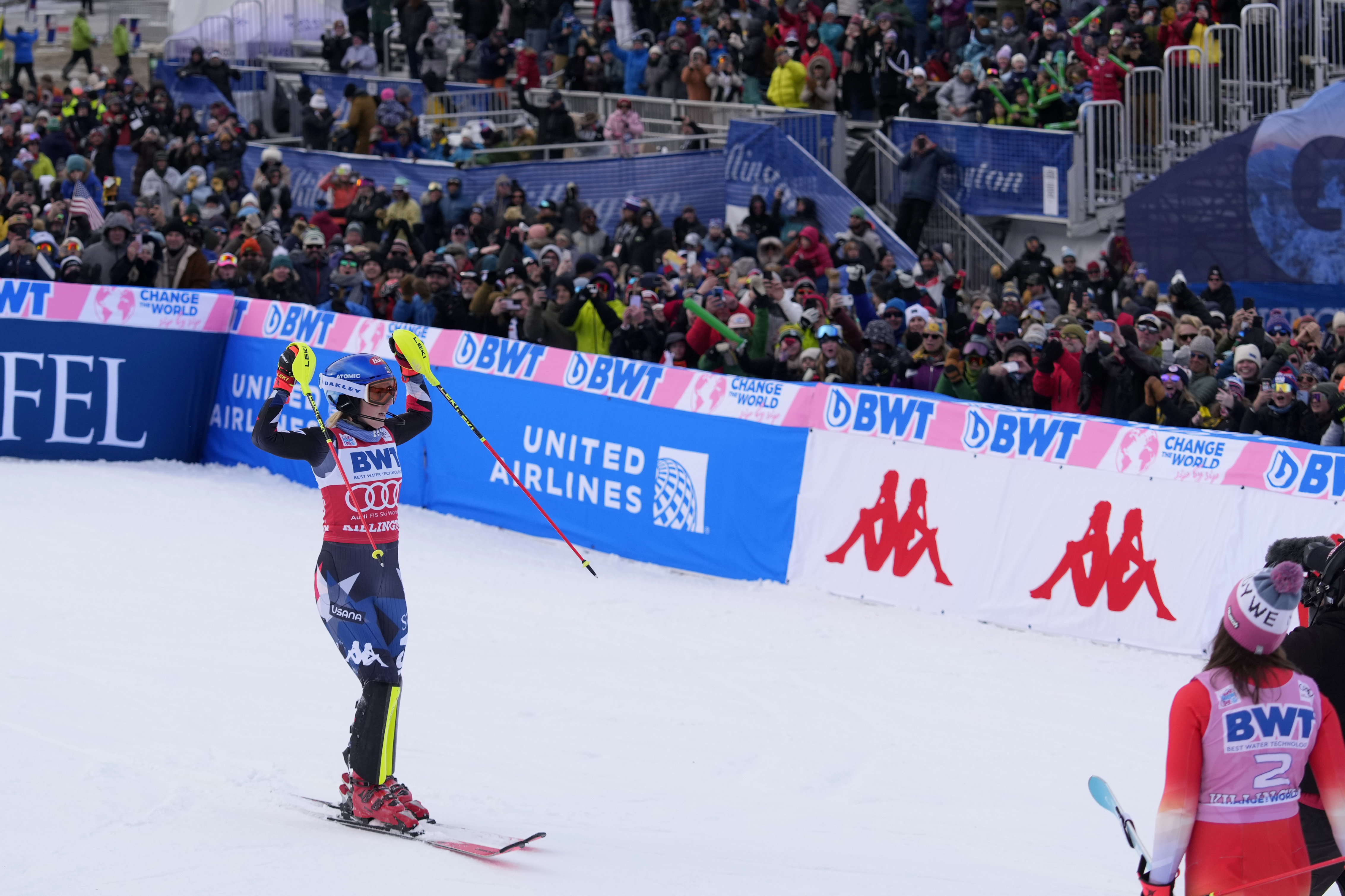 Mikaela Shiffrin of the United States celebrates her victory in a women's World Cup slalom skiing race Sunday, Nov. 26, 2023, in Killington, Vt. 