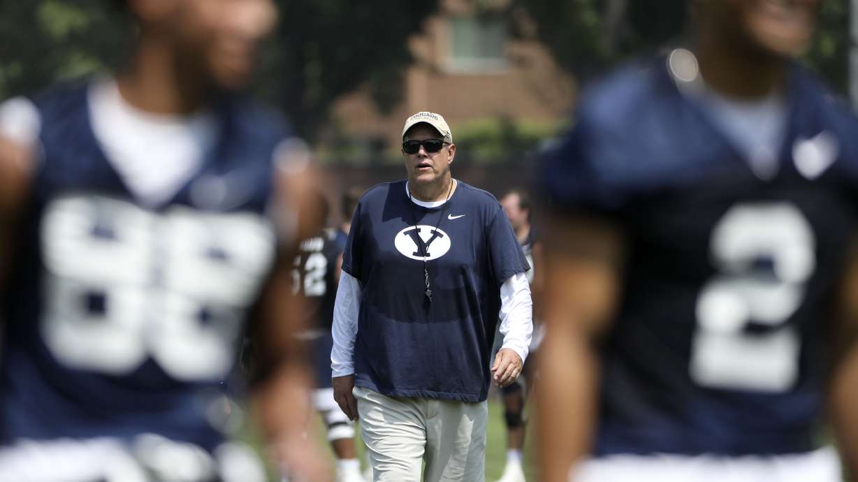 BYU offensive line coach Darrell Funk attends practice in Provo on Thursday, Aug. 5, 2021.