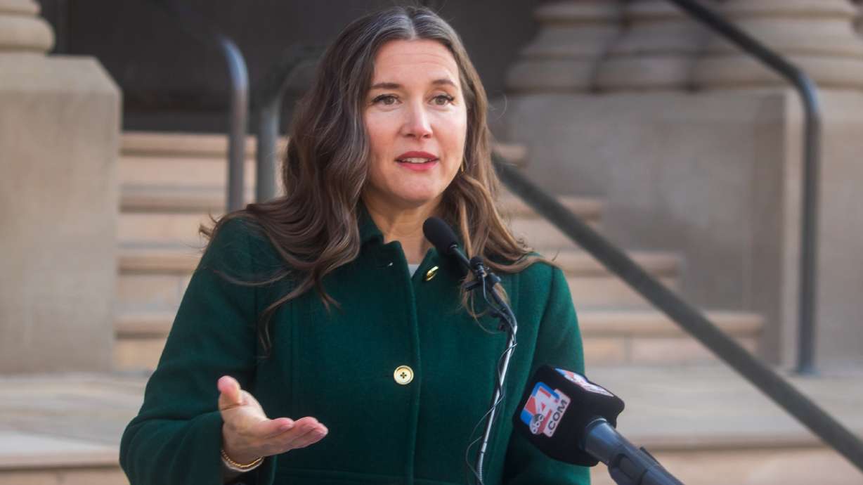 Salt Lake City Mayor Erin Mendenhall speaks at a post-election press conference outside of the Salt Lake City-County Building on Monday. Mendenhall declared victory in last week's election, receiving 58% of the unofficial vote.