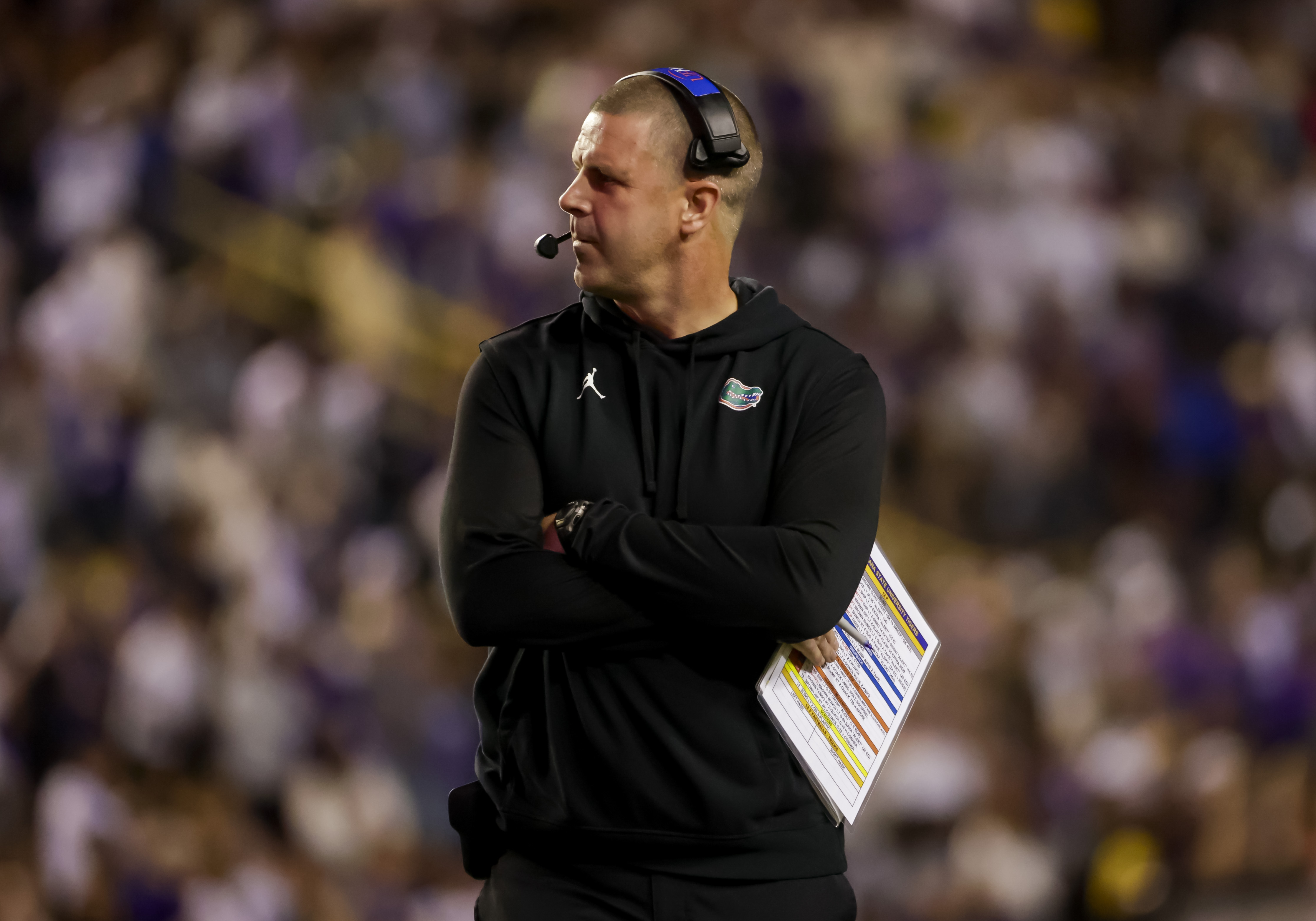 Florida head coach Billy Napier stands on the sideline during the first half of an NCAA college football game against LSU in Baton Rouge, La., Saturday, Nov. 11, 2023. 