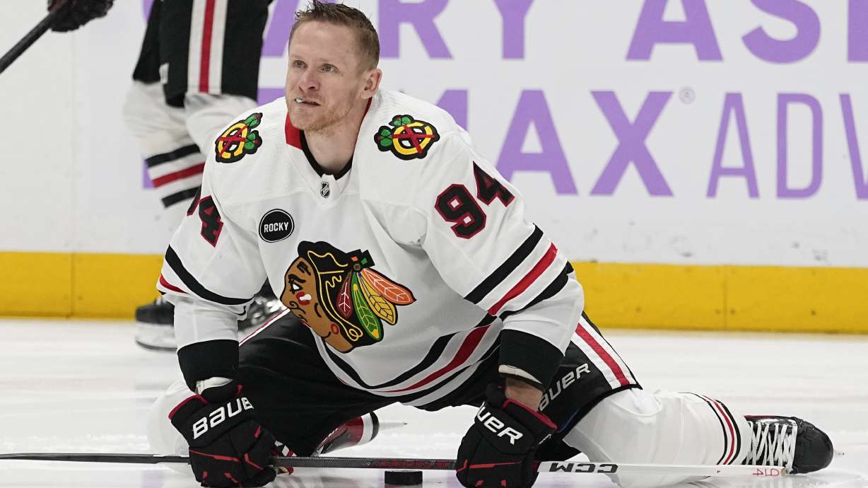 Chicago Blackhawks right wing Corey Perry (94) warms up before an NHL hockey game against the Nashville Predators, Saturday, Nov. 18, 2023, in Nashville, Tenn.