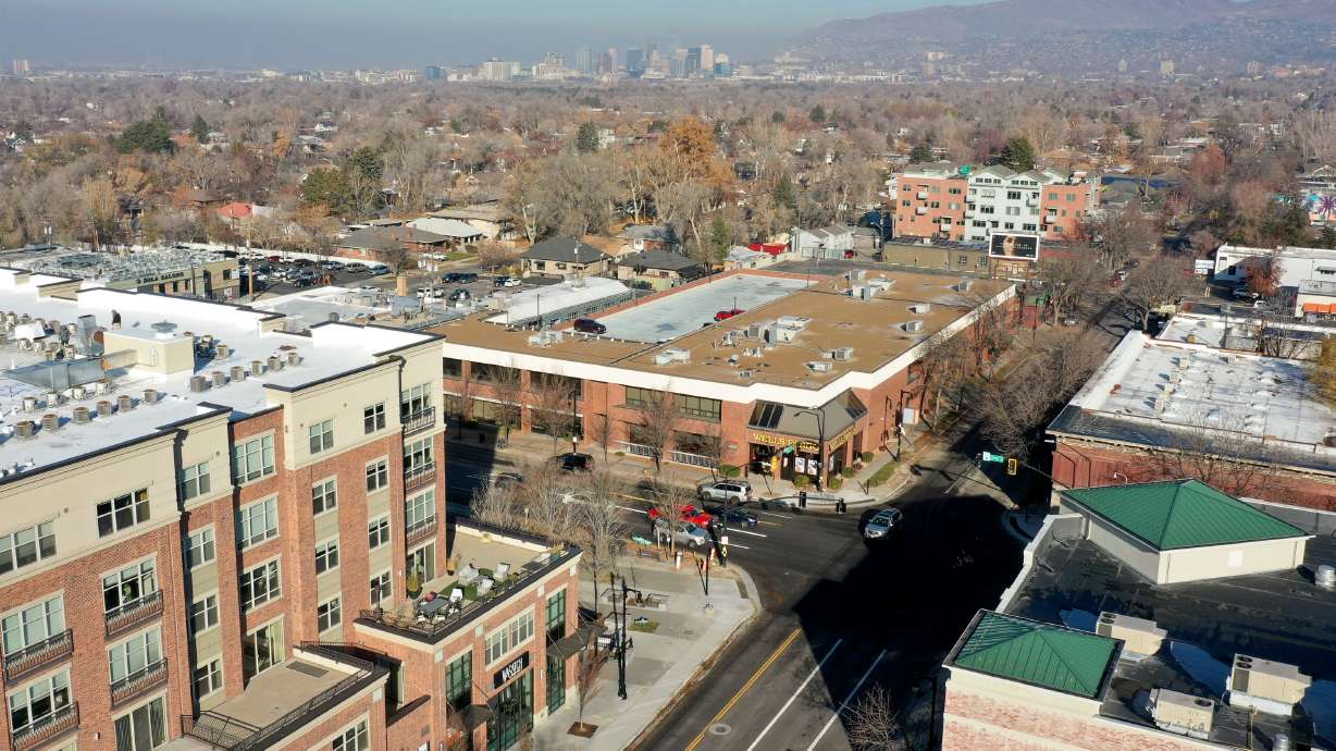 The old Wells Fargo building in the Sugar House business district in Salt Lake City on Nov. 28, 2023. The site is at the center of a proposed new apartment complex.