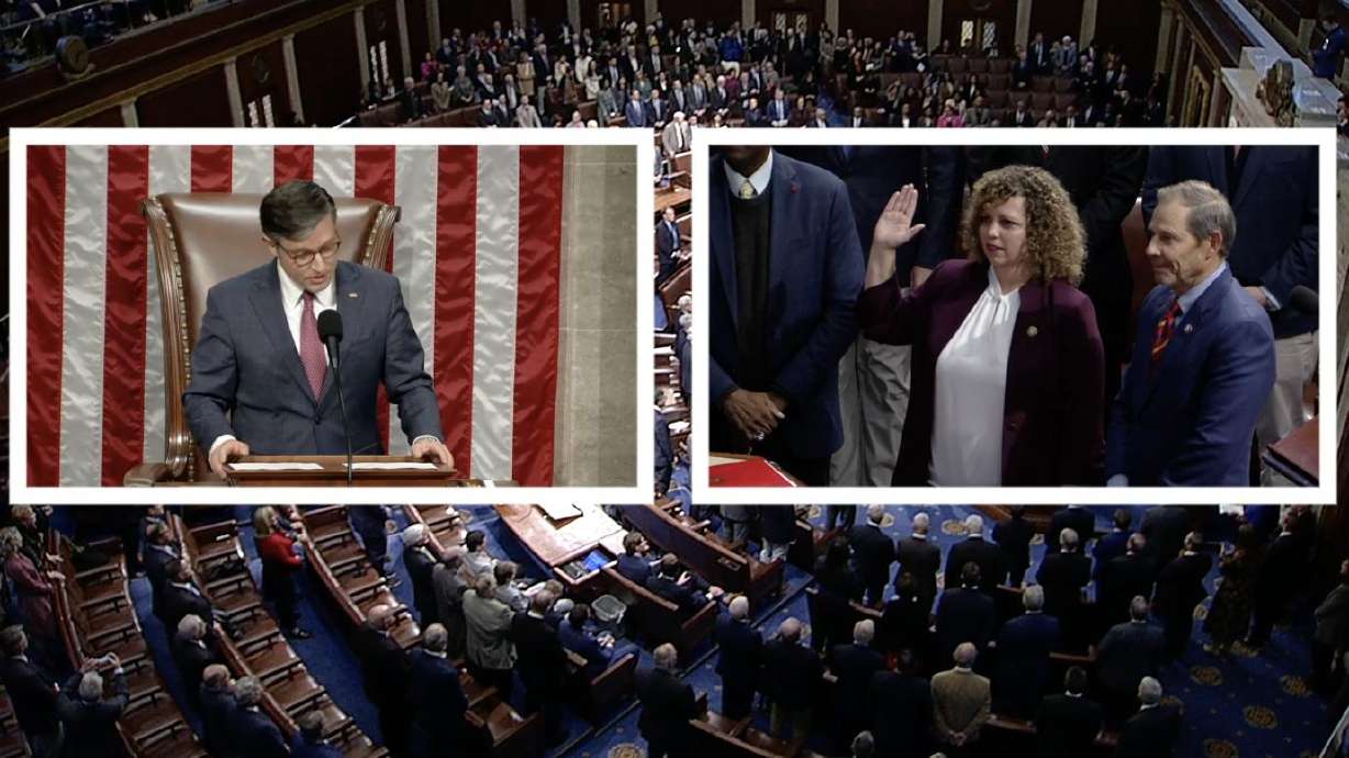 U.S. House Speaker Mike Johnson, left, administers the oath of office to Rep. Celeste Maloy, R-Utah, on Tuesday.