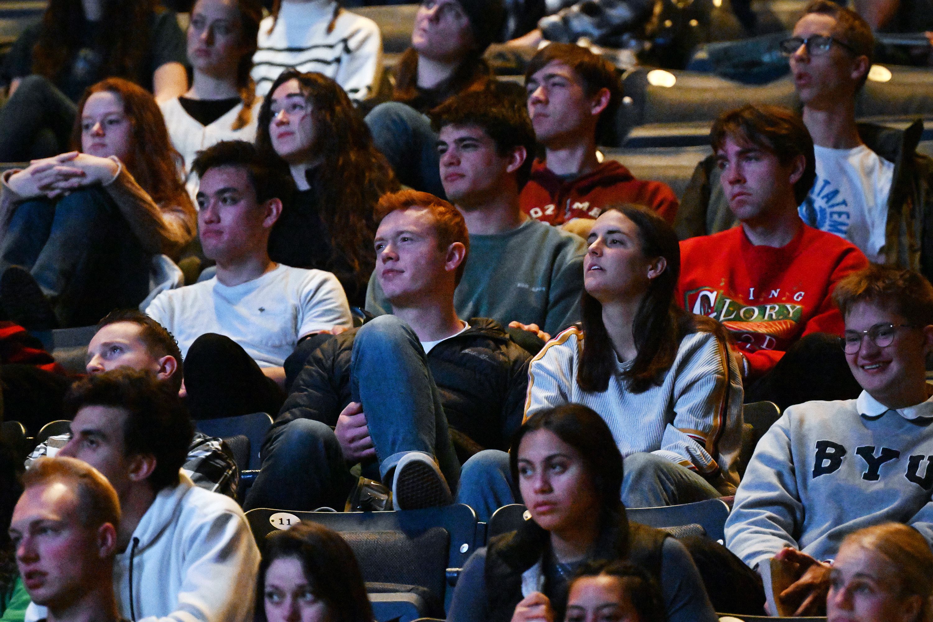 Students listen as Brad Wilcox, a professor of sociology and the director of the National Marriage Project at the University of Virginia, a senior fellow at the Institute for Family Studies and a nonresident senior fellow at the American Enterprise Institute, speaks at a BYU Forum in Provo on Tuesday.