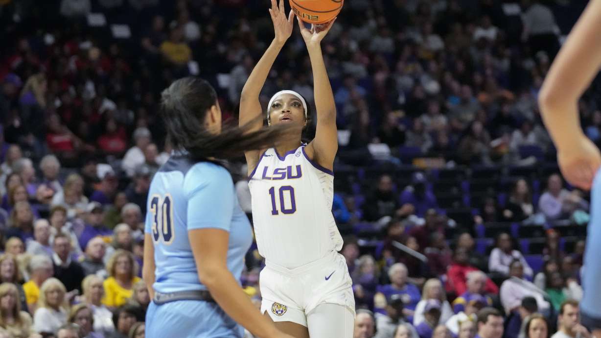 LSU forward Angel Reese (10) shoots in the first half an NCAA college basketball game against Kent State in Baton Rouge, La., Tuesday, Nov. 14, 2023.