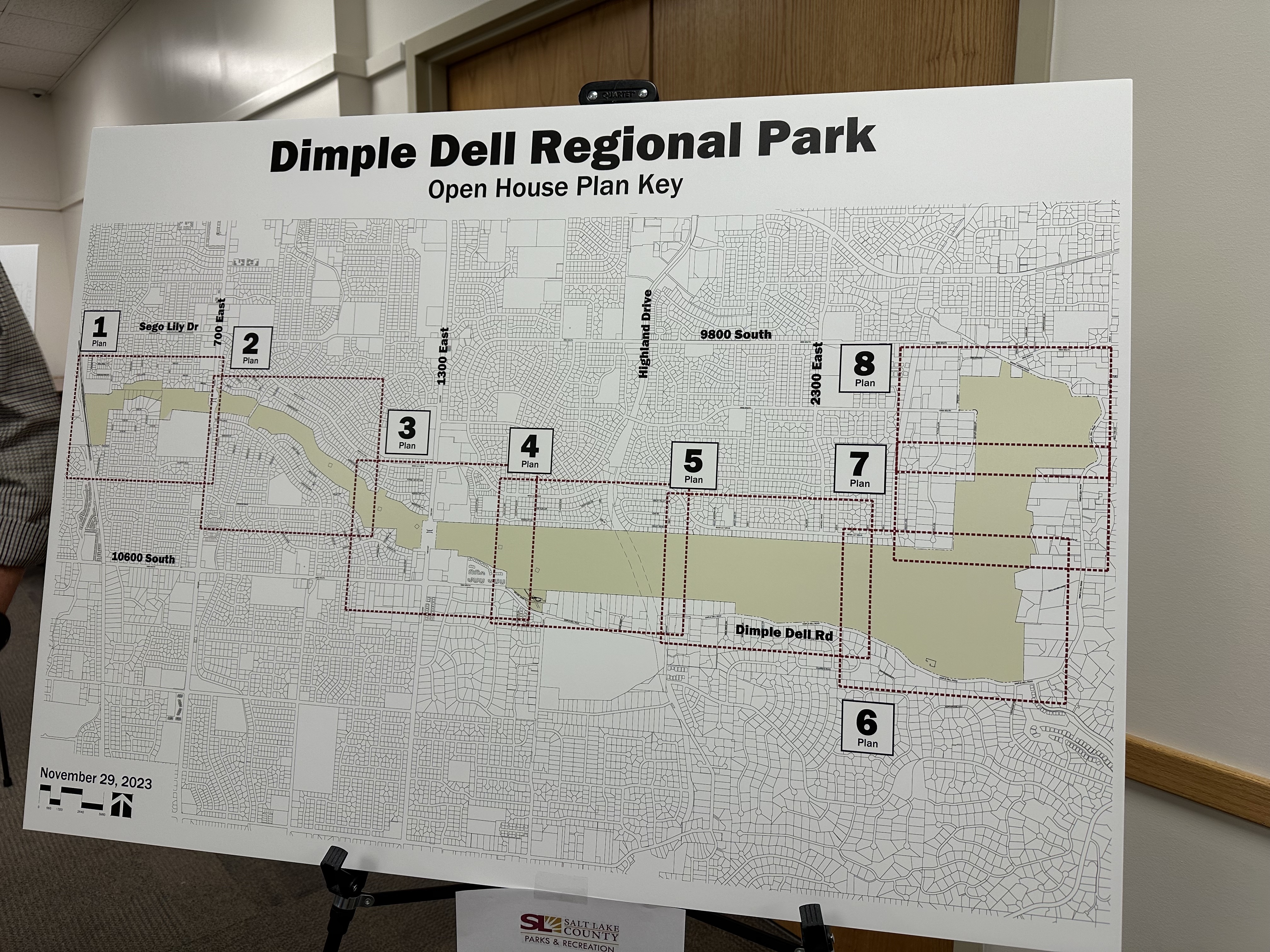 The Dimple Dell Regional Park master plan is divided into eight sections so residents can see detailed development plans and offer feedback during an open house at the Sandy library Wednesday.