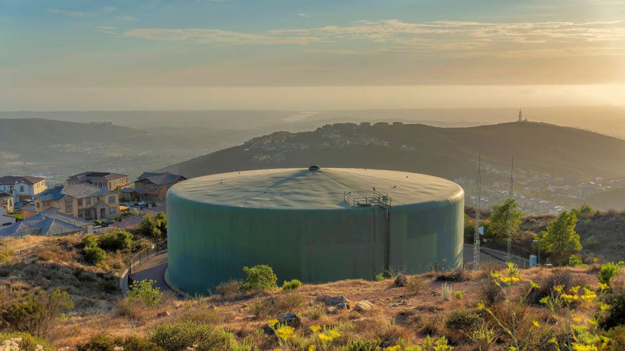 A large community water tank at San Marcos in San Diego County, California. Communities calculate water usage differently, which has led to confusion about St. George's water use.