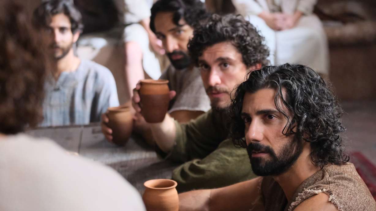 Judas, Big James, John, Andrew listen to Jesus in a scene from “The Chosen.”