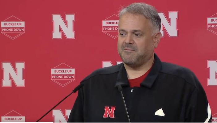 Nebraska coach Matt Rhule reacts to a "Rudolph" ringtone at his presser.