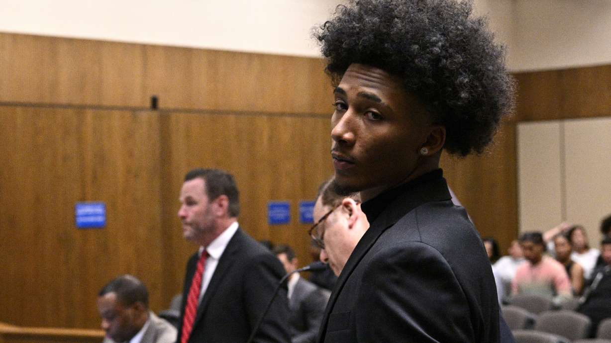 FILE - Mikey Williams stands in court Oct. 27, 2023, in El Cajon, Calif. Williams pleaded guilty to one felony charge in a gun case Thursday, Nov. 30, and one of his attorneys said he does not expect the 19-year-old to face jail time. Williams had faced nine felony counts and up to 30 years in prison stemming from a shooting at his home on March 17 in which no one was injured. Williams pleaded guilty to one felony count of making a criminal threat and to a special allegation of using a firearm during the threat, attorney Randy M. Grossman said.