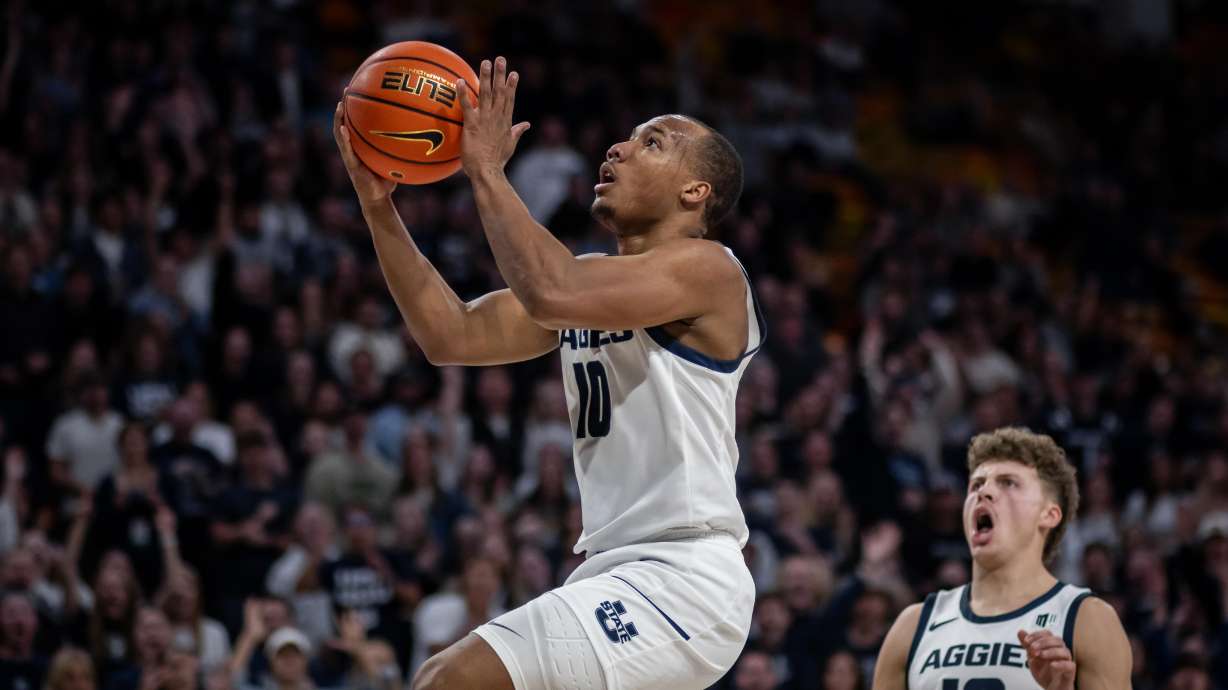Utah State's Darius Brown during a game in the 2023-24 season.