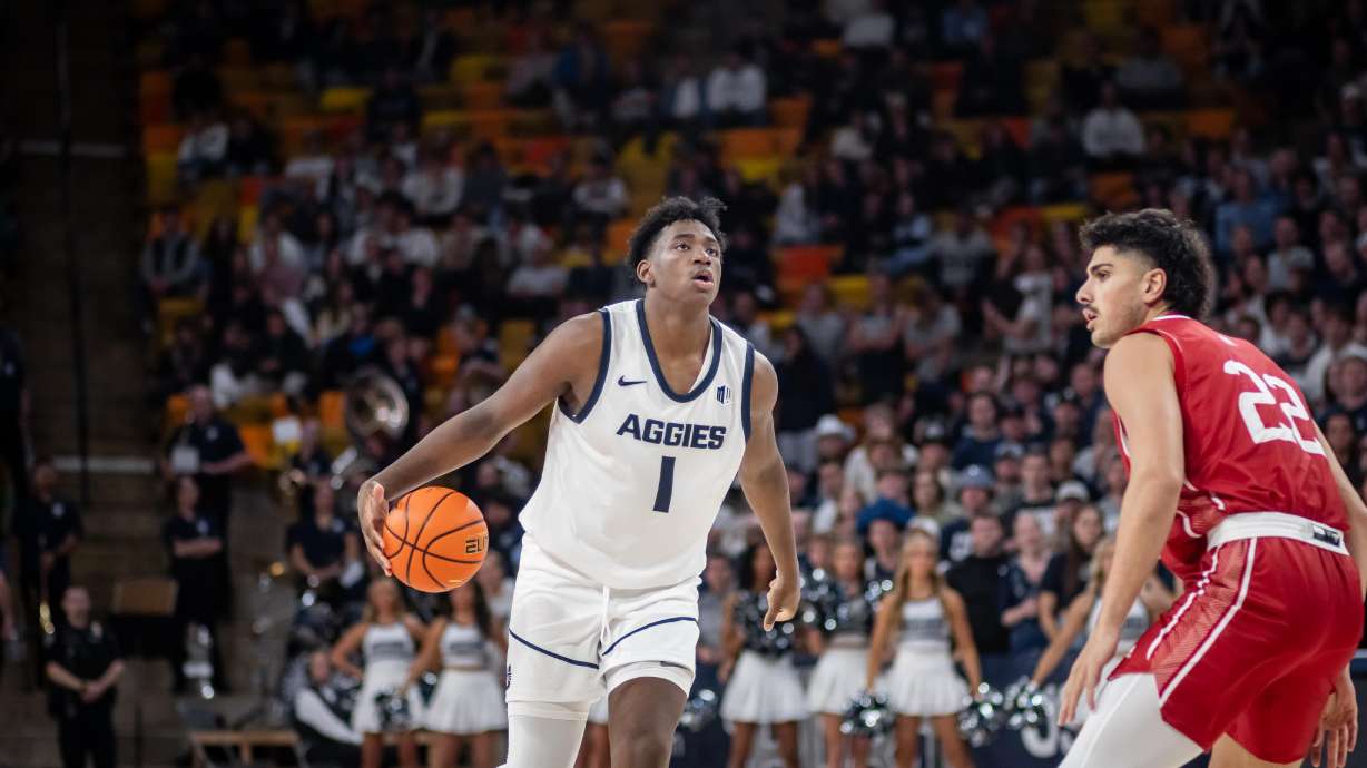 Utah State's Great Osobor during a game in the 2023-24 season.