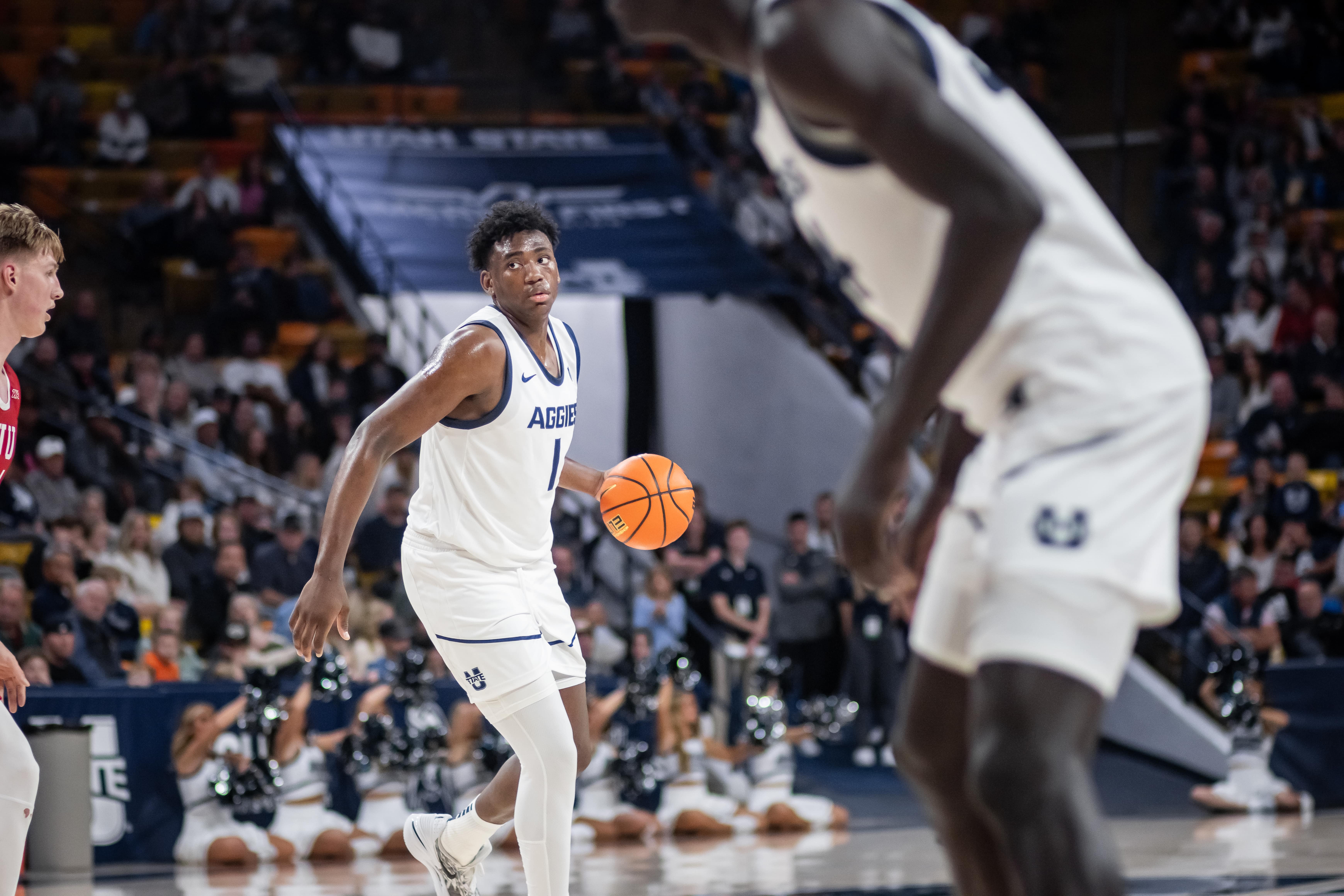 Utah State's Great Osobor during a game in the 2023-24 season.