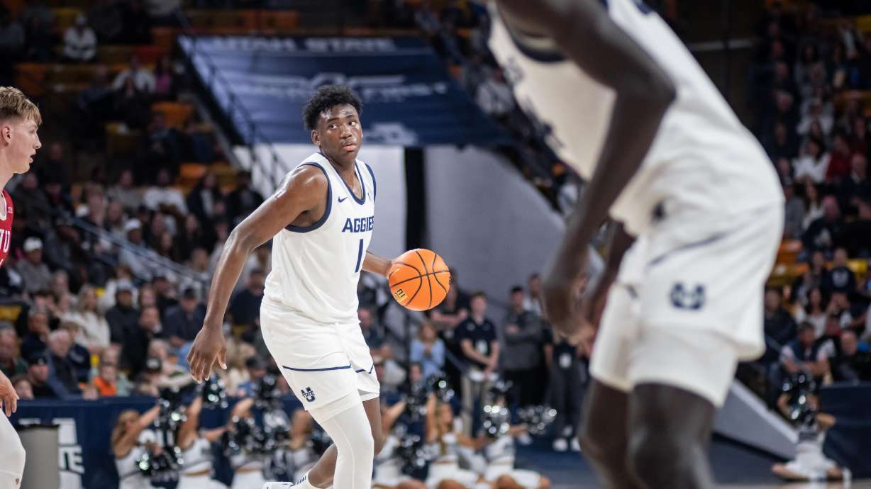 Utah State's Great Osobor during a game in the 2023-24 season.