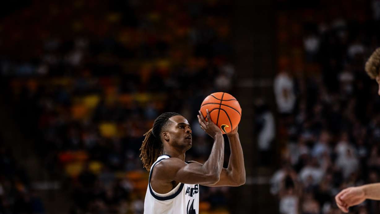Utah State's Josh Uduje in a game during the 2023-24 season.