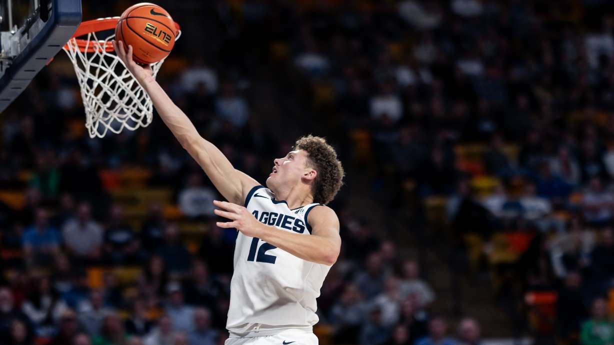 Utah State's Mason Falslev in a game during the 2023-24 season.