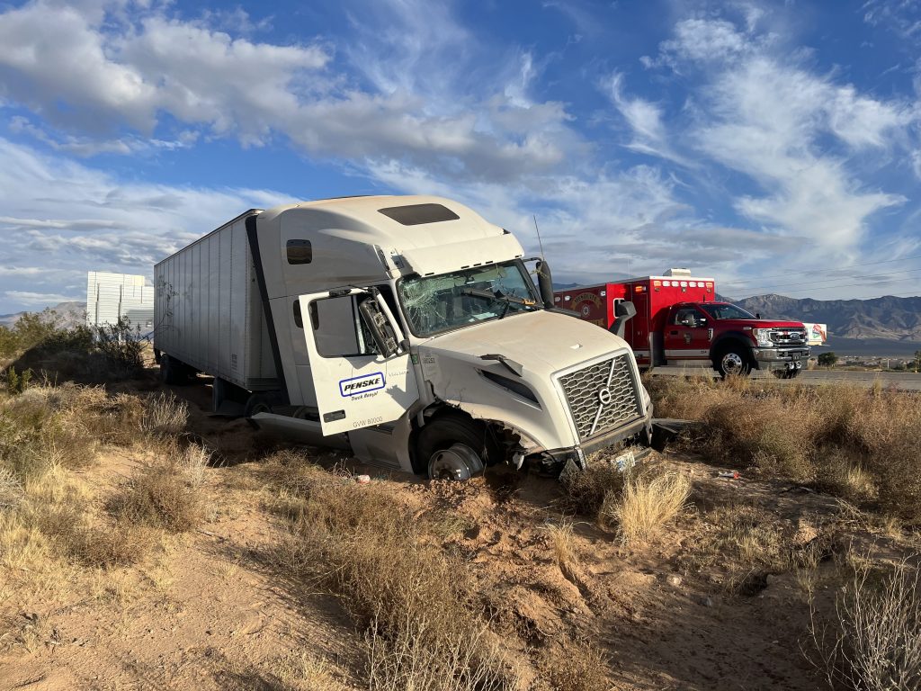 This semitruck rolled to a stop southbound off I-15 near Old Highway 91 after a medical incident with its driver, at Beaver Dam, Ariz., Wednesday.