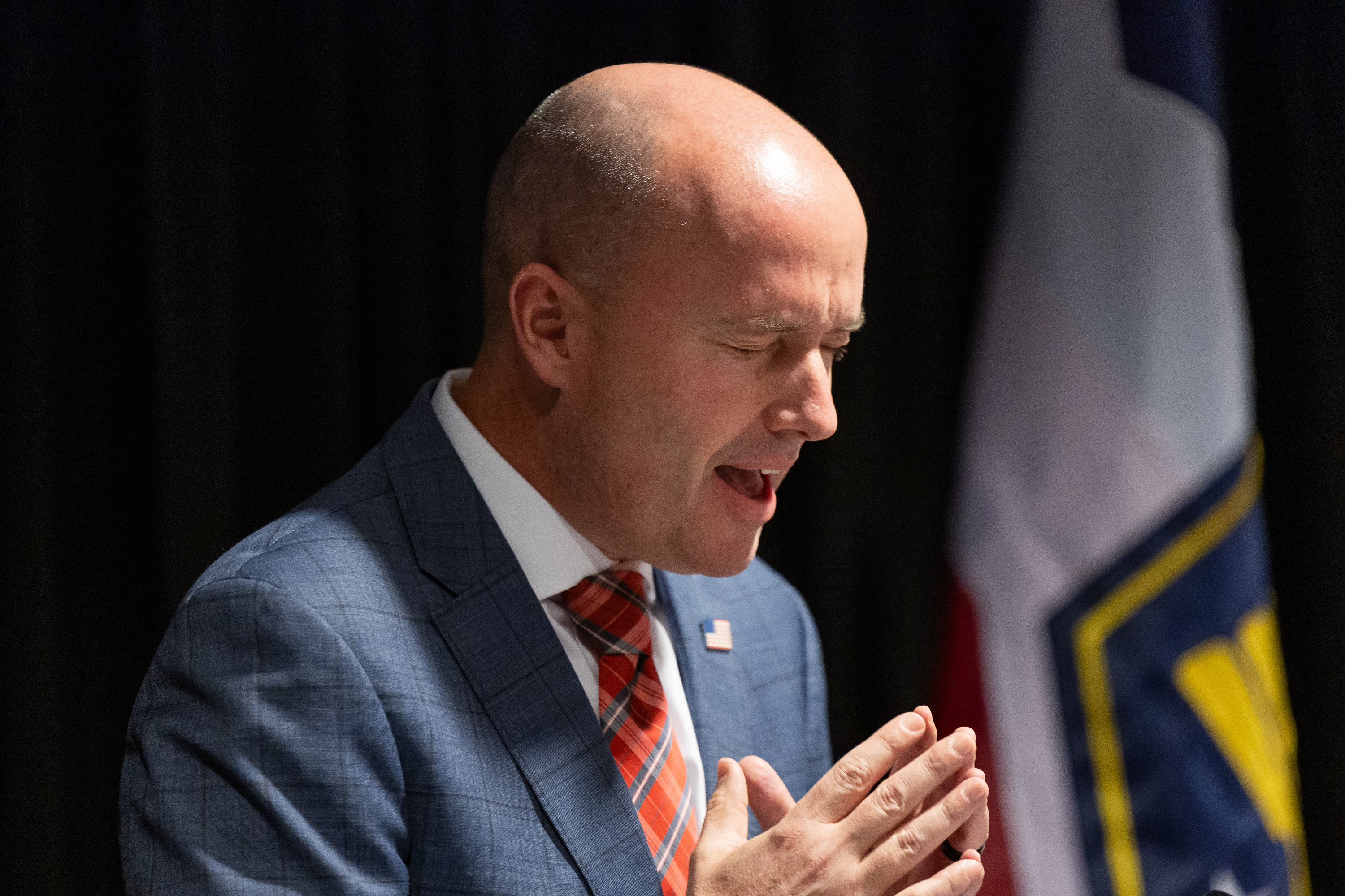 Gov. Spencer Cox speaks to reporters about campus free speech at the Utah System of Higher Education office in Salt Lake City on Friday. The higher education board approved a resolution regarding free expression across Utah's college campuses.