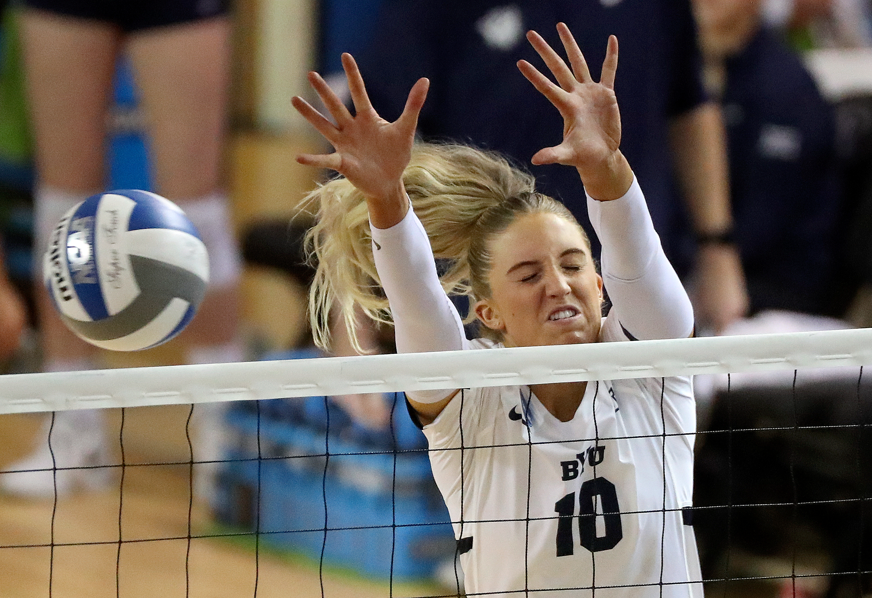BYU’s Erin Livingston reaches for a block during the first round of the 2023 NCAA Division I Women’s Volleyball Tournament against Weber State at the Smith Fieldhouse in Provo on Friday, Dec. 1, 2023. BYU won 3-0.
