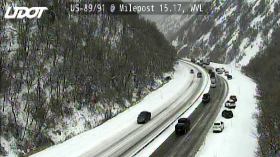 Multiple vehicles are seen on the side of the road on U.S. Highway 89/91 in Sardine Canyon between Brigham City and Logan Saturday.