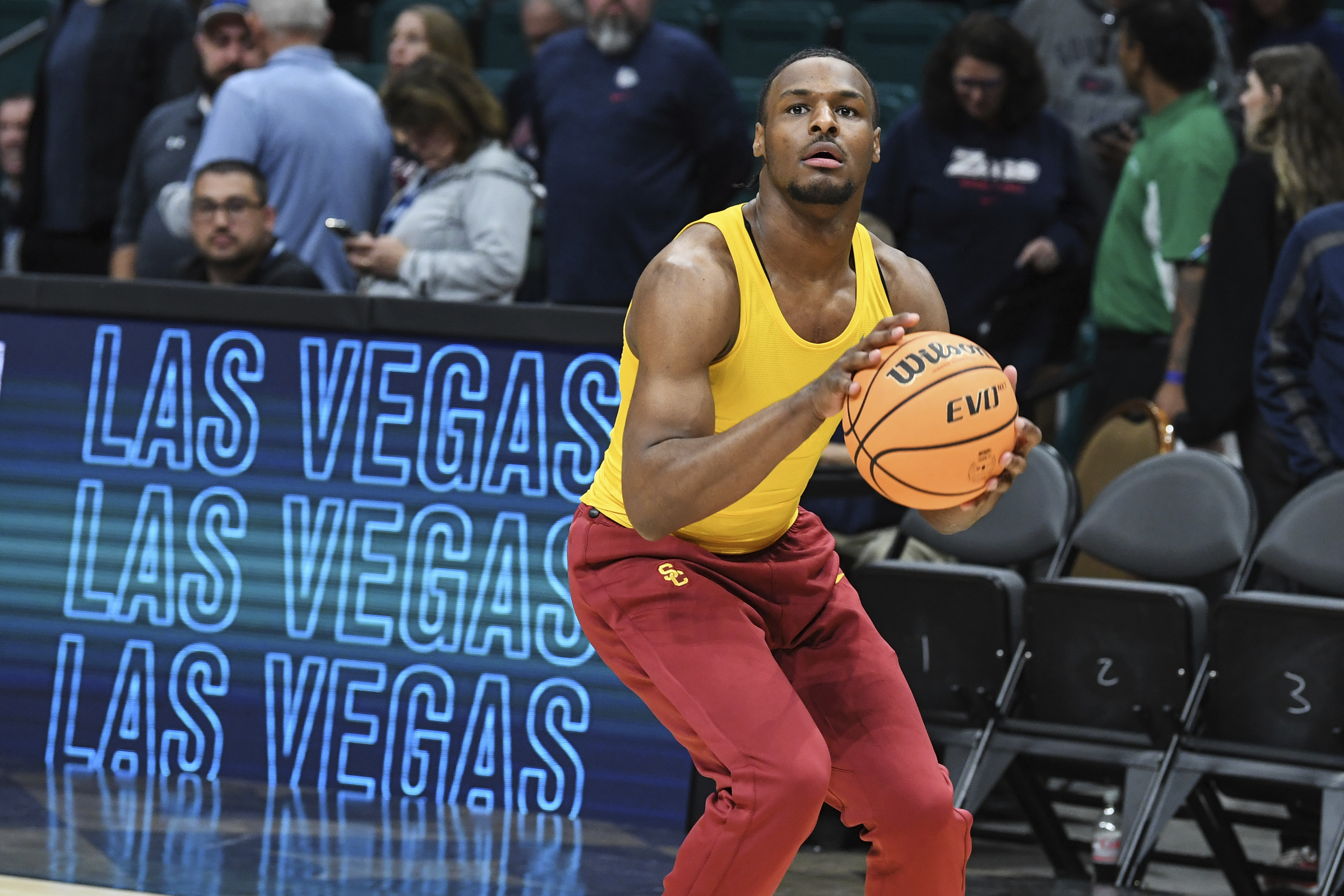 Southern California guard Bronny James warms up before an NCAA college basketball game against Gonzaga Saturday, Dec. 2, 2023, in Las Vegas.