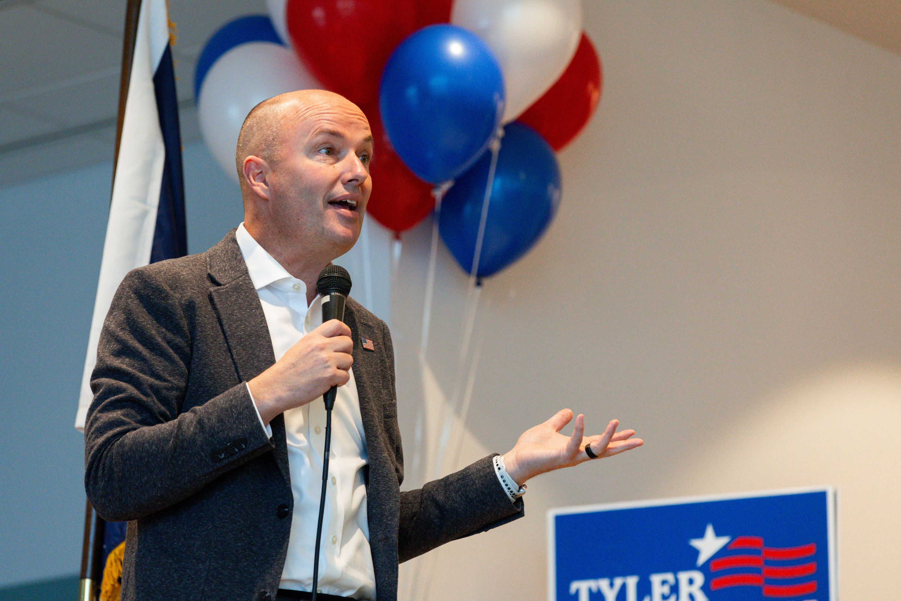 Utah Gov. Spencer Cox speaks at the Pathways to Purpose conference hosted by state Rep. Tyler Clancy at the Provo Recreation Center in Provo on Saturday.