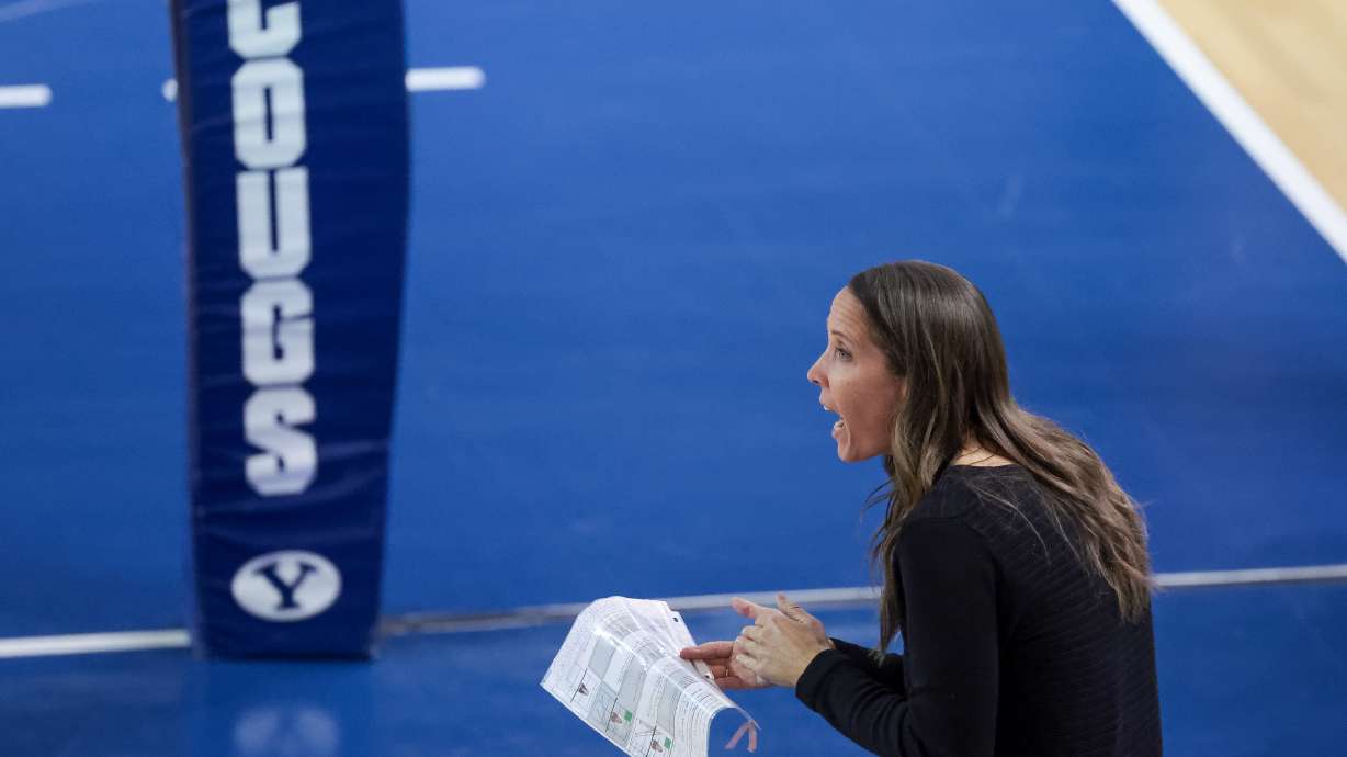 BYU head coach Heather Olmstead calls out from the bench during a second-round NCAA women’s volleyball match against Arizona State at the Smith Fieldhouse in Provo on Saturday, Dec. 2, 2023.