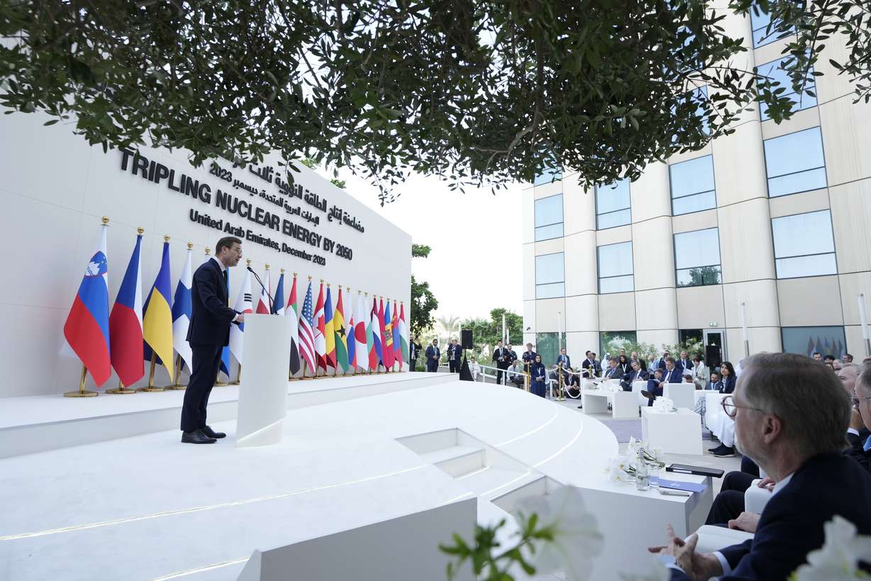 Sweden Prime Minister Ulf Kristersson speaks at an event in support of tripling global nuclear capacity by 2050 at the COP28 U.N. Climate Summit, Saturday, Dec. 2, 2023, in Dubai, United Arab Emirates.