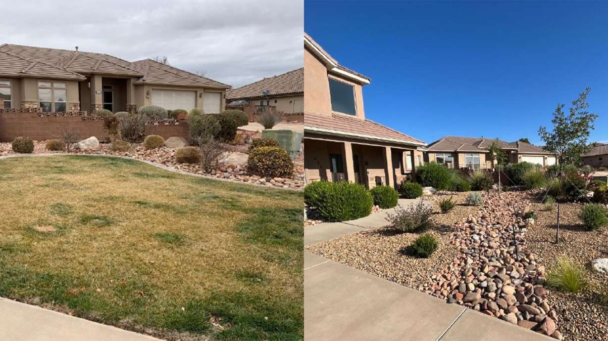A Southern Utah home is seen before and after a landscape conversion as part of the Water Efficient Landscape Program, in undated photos