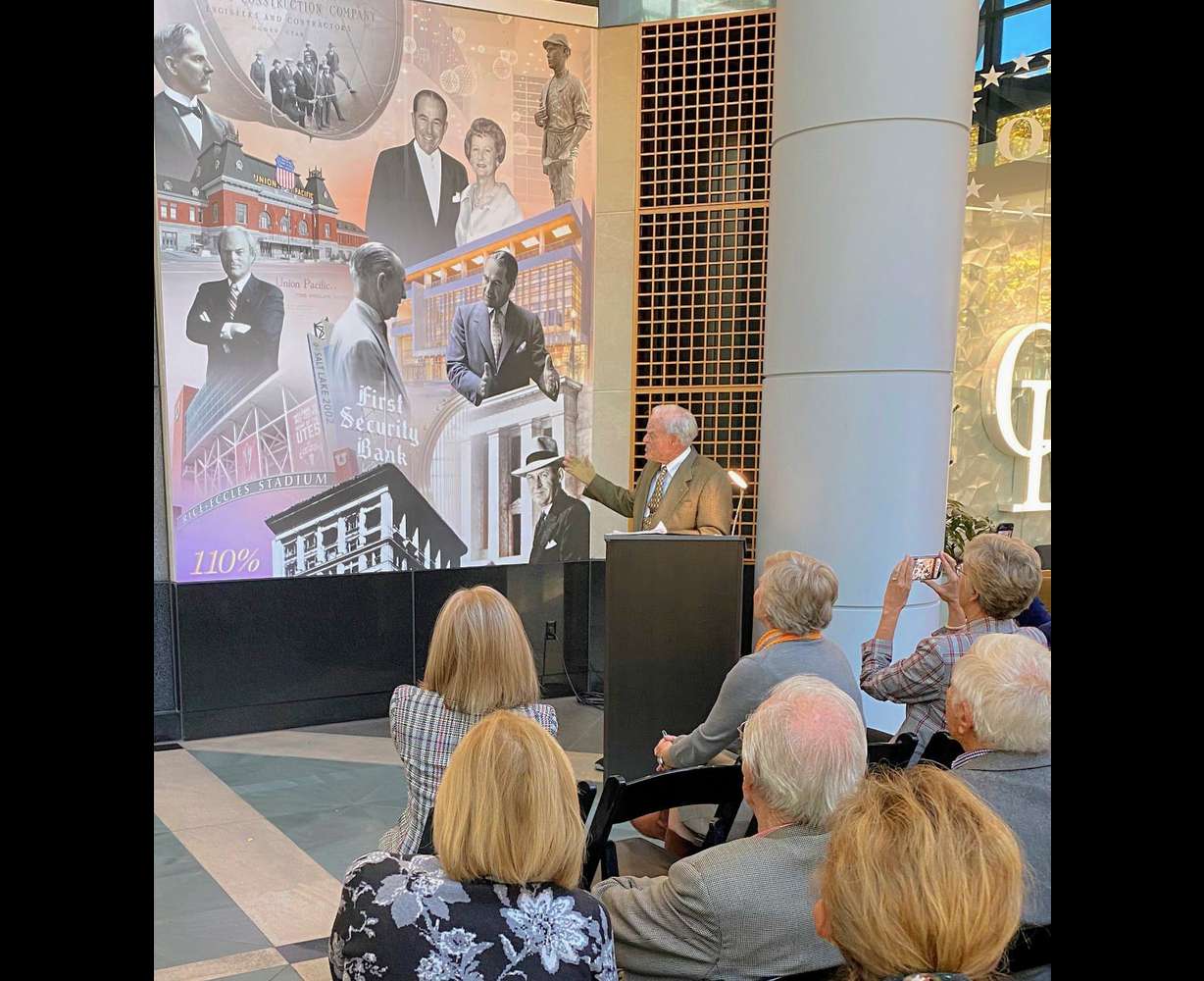 Spencer F. Eccles speaks at the unveiling of the Eccles family mural in the Wells Fargo Building in downtown Salt Lake City on Nov. 14.