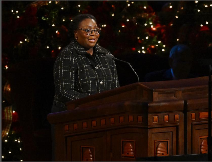 Sister Tracy Y. Browning, second counselor in the Primary General Presidency of The Church of Jesus Christ of Latter-day Saints speaks during the First Presidency Christmas Devotional on Sunday.