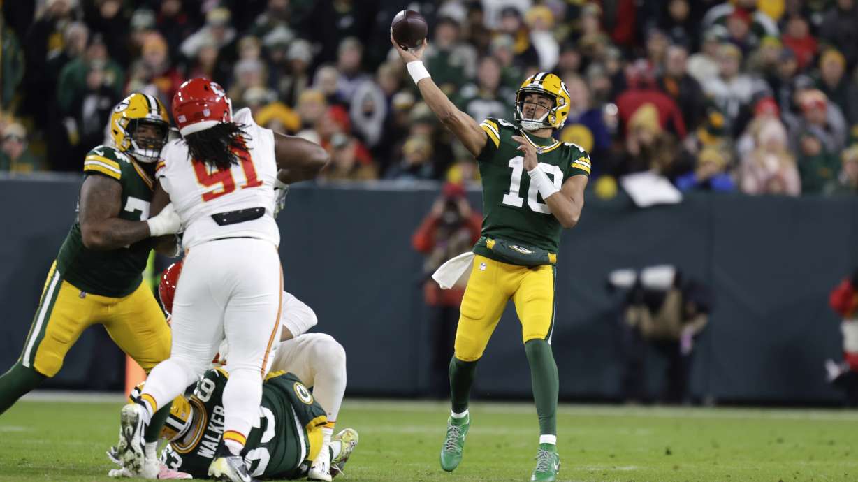 Green Bay Packers quarterback Jordan Love (10) throws against the Kansas City Chiefs during the first half of an NFL football game Sunday, Dec. 3, 2023 in Green Bay, Wis.