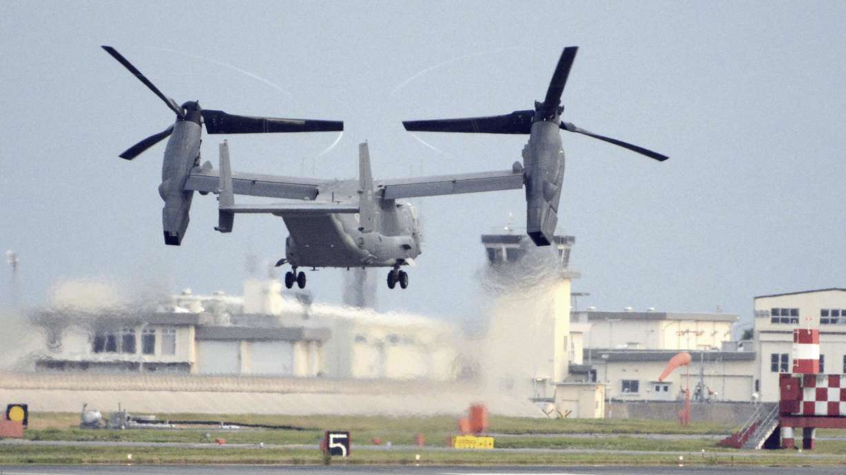 A U.S. military CV-22 Osprey takes off from Iwakuni base, Yamaguchi prefecture, western Japan, on July 4, 2018. Divers have discovered wreckage and the remains of five crew members from an Osprey aircraft that crashed last week off southwestern Japan, the Air Force said Monday.