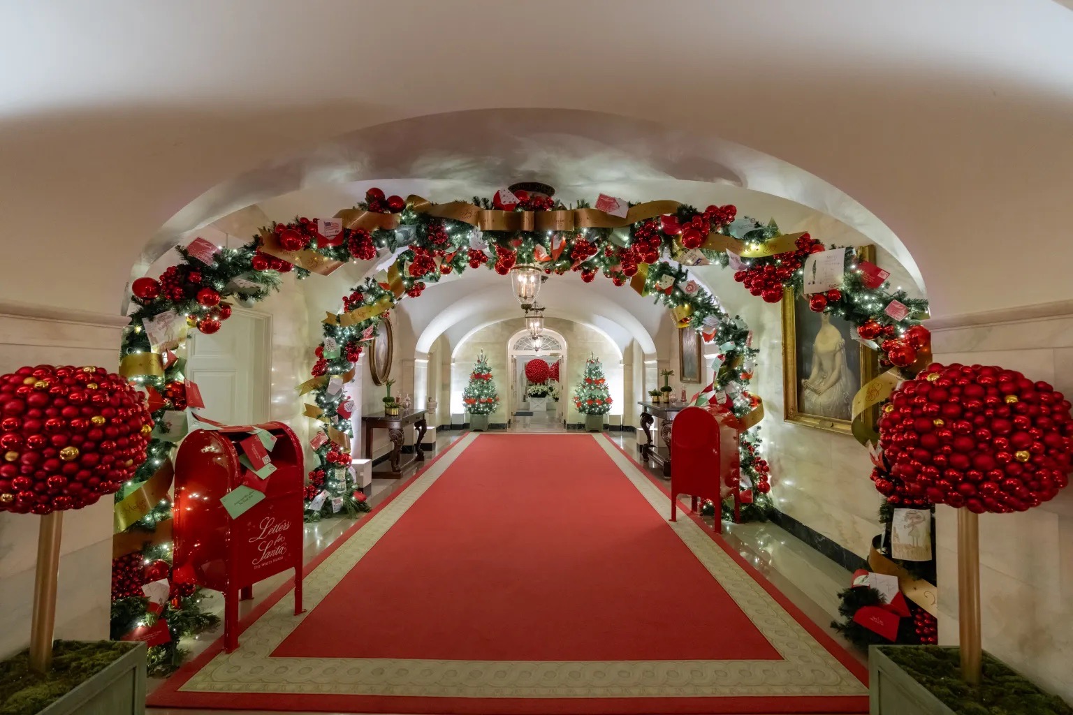 Christmas decorations are seen at the White House.