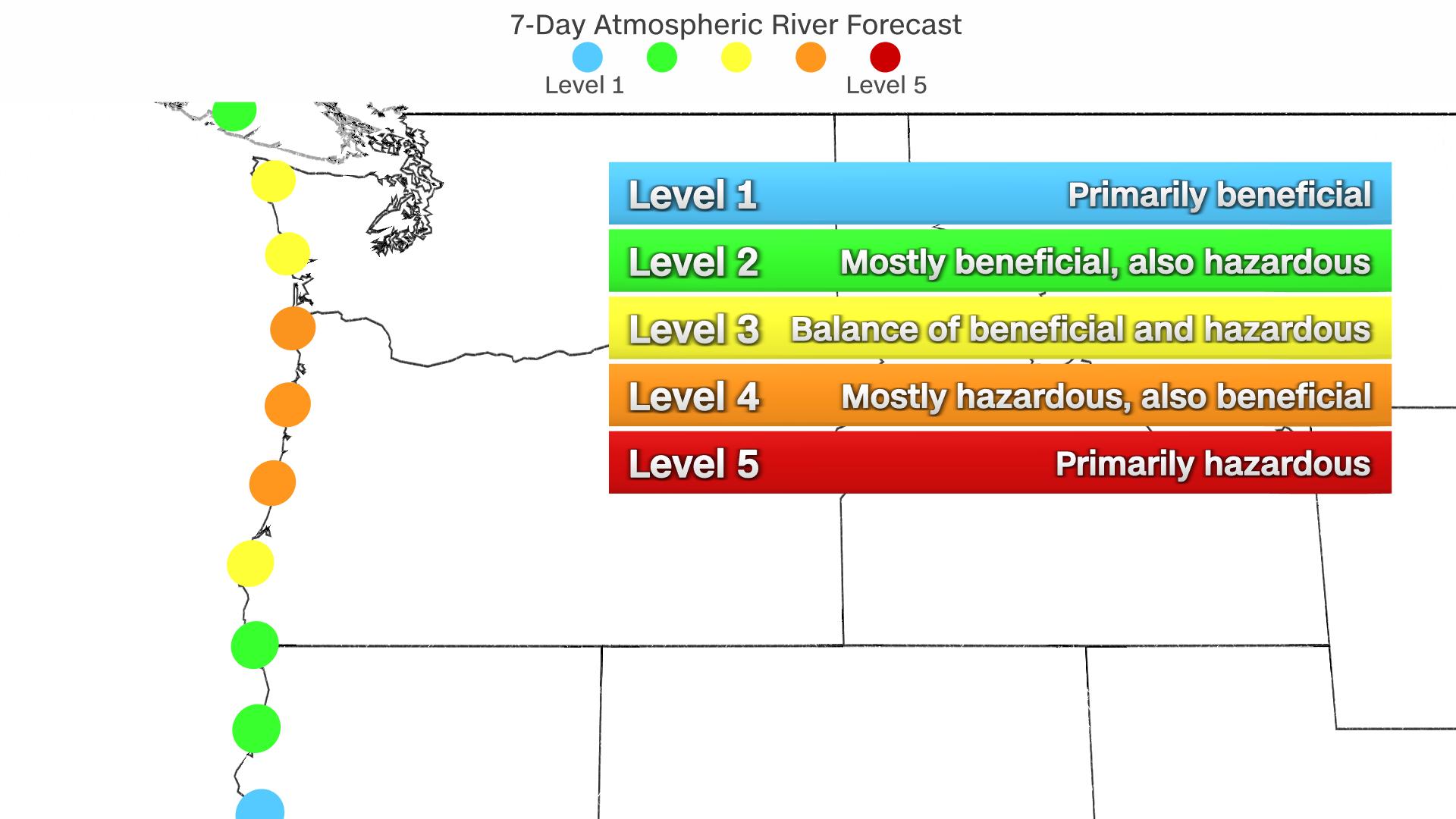 The severity of the upcoming atmospheric river event is shown at many points along the Northwest coast.