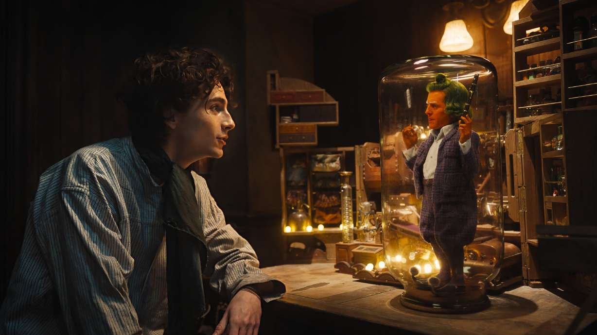 Timothée Chalamet and Hugh Grant in "Wonka."